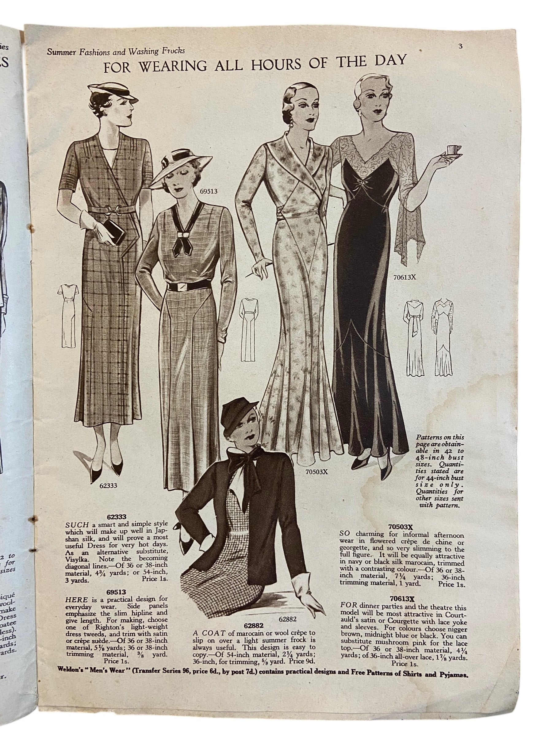 Weldon’s Summer Fashions and Washing Frocks for Outsizes catalogue Outsize Series No. 21 circa 1930s with two sewing patterns, unused, factory folded dress with collar, dress with short sleeves.Bust 42 inches.