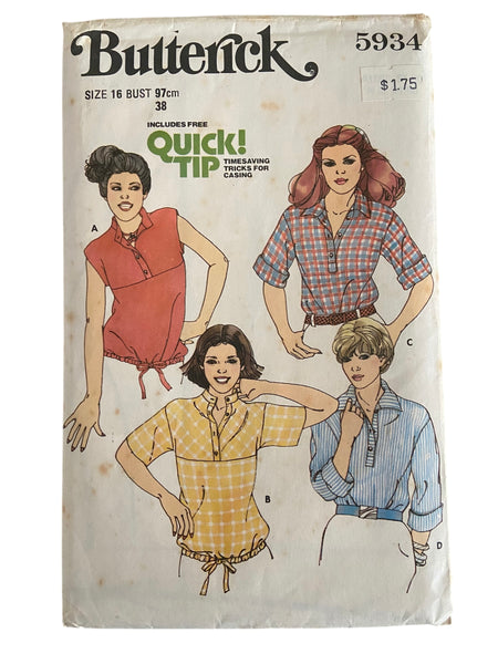 Butterick 5934 vintage 1970s top sewing pattern. Bust 38 inches