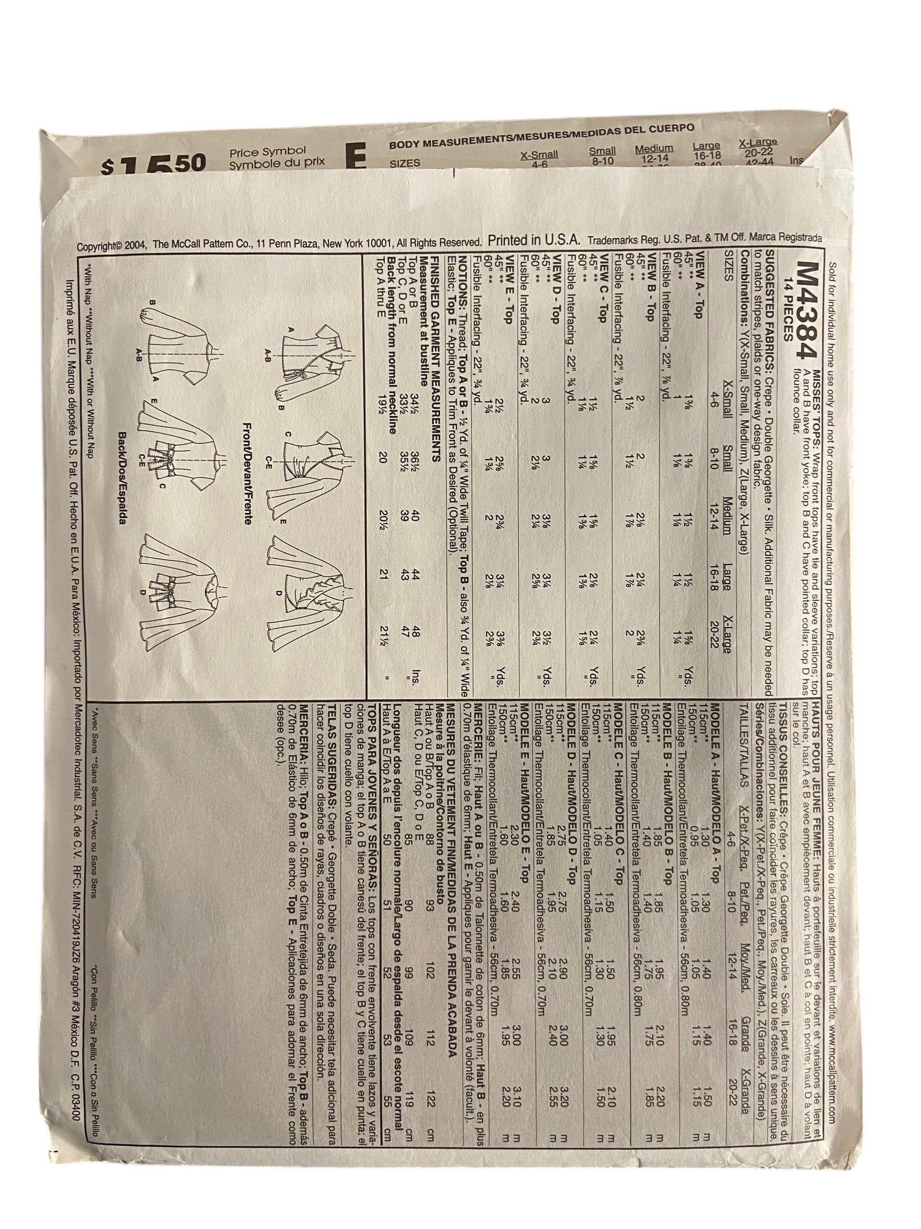 McCall’s M4384 tops sewing pattern. Bust 38, 40, 42, 44 inches