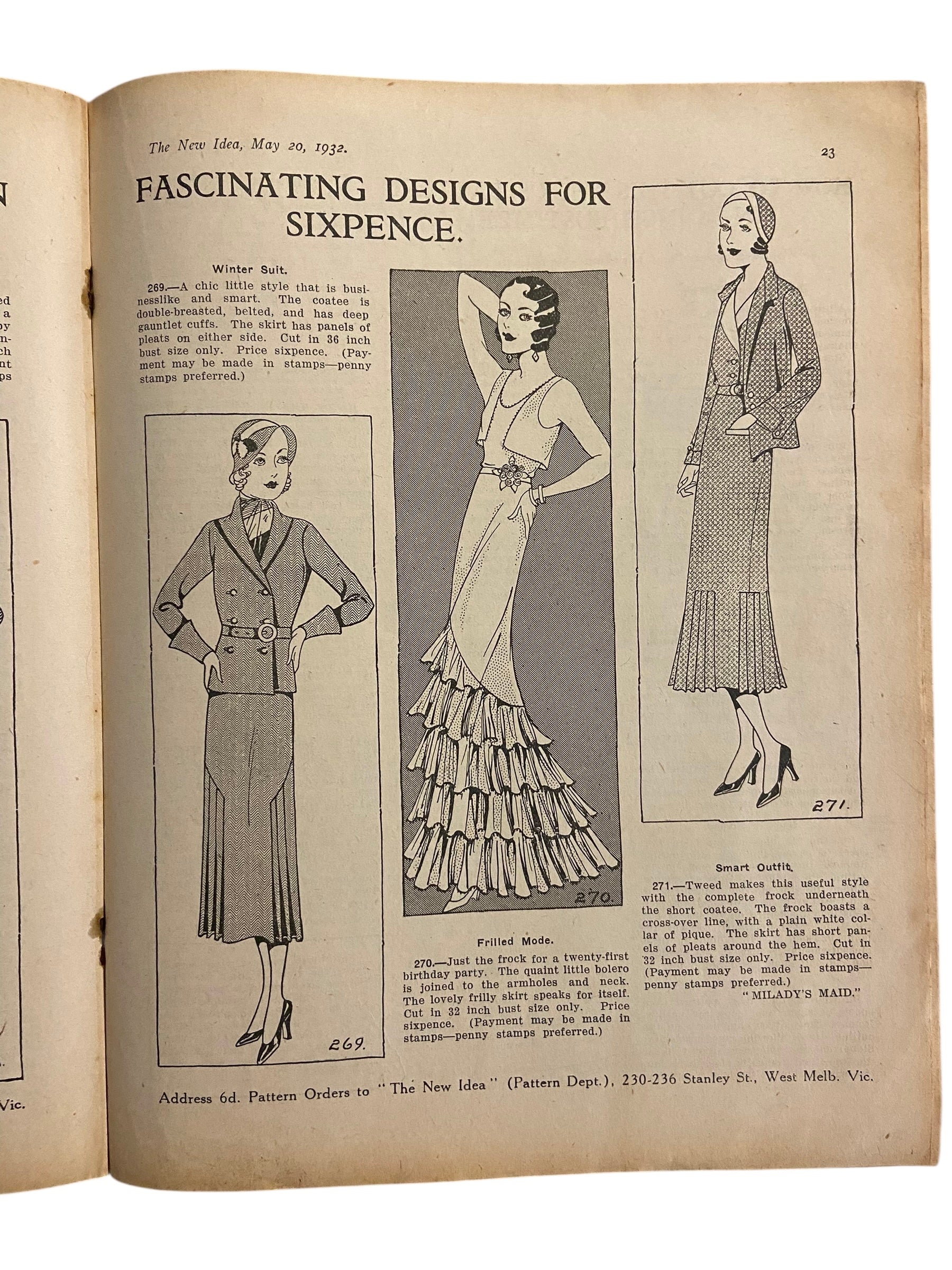The New Idea Magazine . A weekly paper for Australian and New Zealand Women. May 20 1932 with sewing pattern unused, factory folded, lady’s afternoon frock.