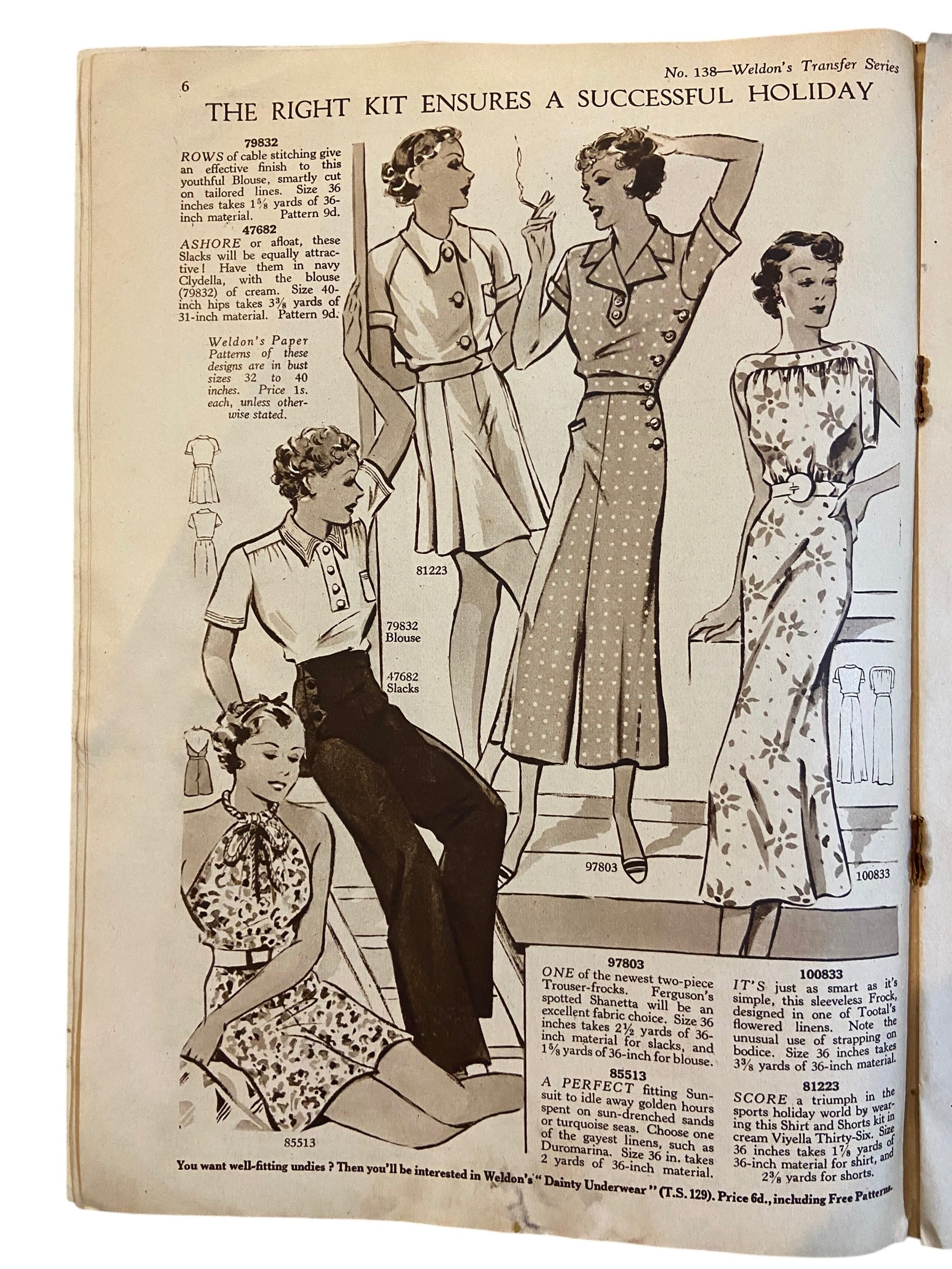 Weldon’s Holiday Fashions catalogue No. 138 circa 1930s with three sewing patterns, unused, factory folded dress with puff sleeves, dress with buttoned yoke, coat and skirt. Bust 36 inches. Transfers included.