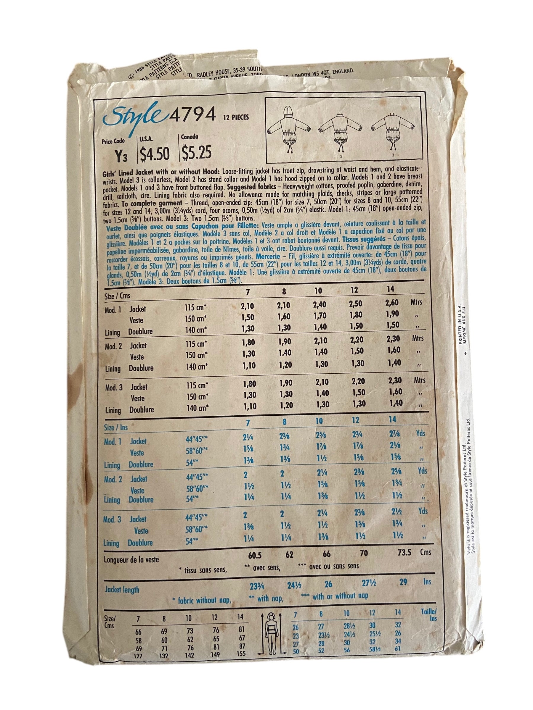 Style 4794 vintage 1980s girl’s lined jacket with or without hood sewing pattern. Size 10, 12, 24 years. chest 28.5, 30, 32 inches