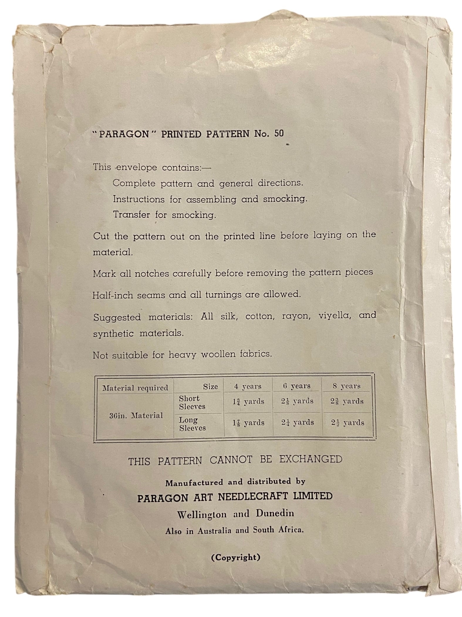 Paragon No. 50 vintage 1940's sewing pattern girl's smocked frock. Size 4 years.WOUNDED BARGAIN NO INSTRUCTIONS.