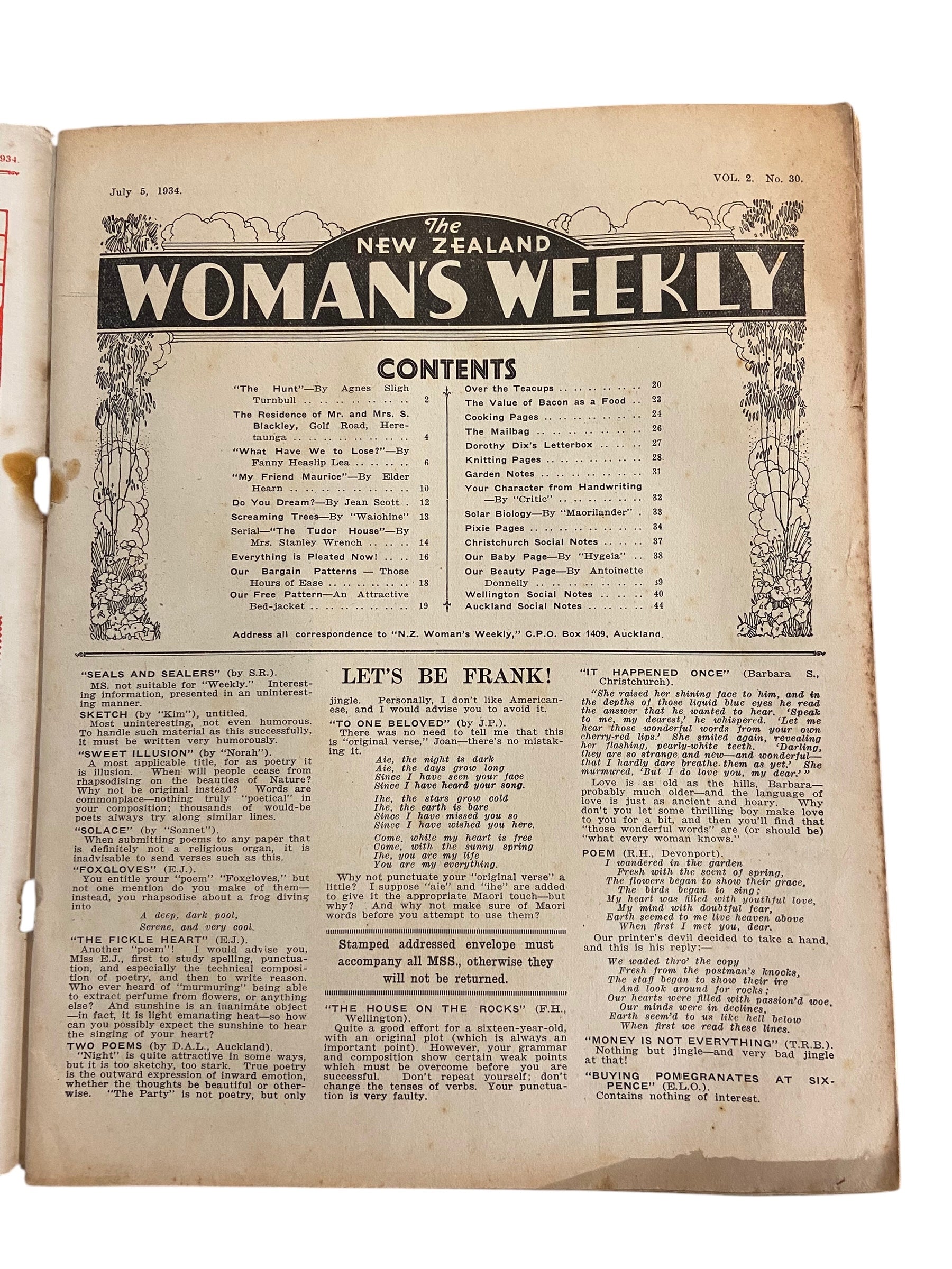 The New Zealand Woman’s weekly. July 5 1934. with sewing pattern unused, factory folded,  an attractive bed-jacket for cold mornings. Bust 34 inches.
