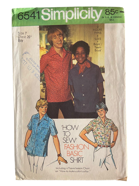 Simplicity 6541 how to sew vintage 1970s boy's shirt sewing pattern size 7, 26 inch chest