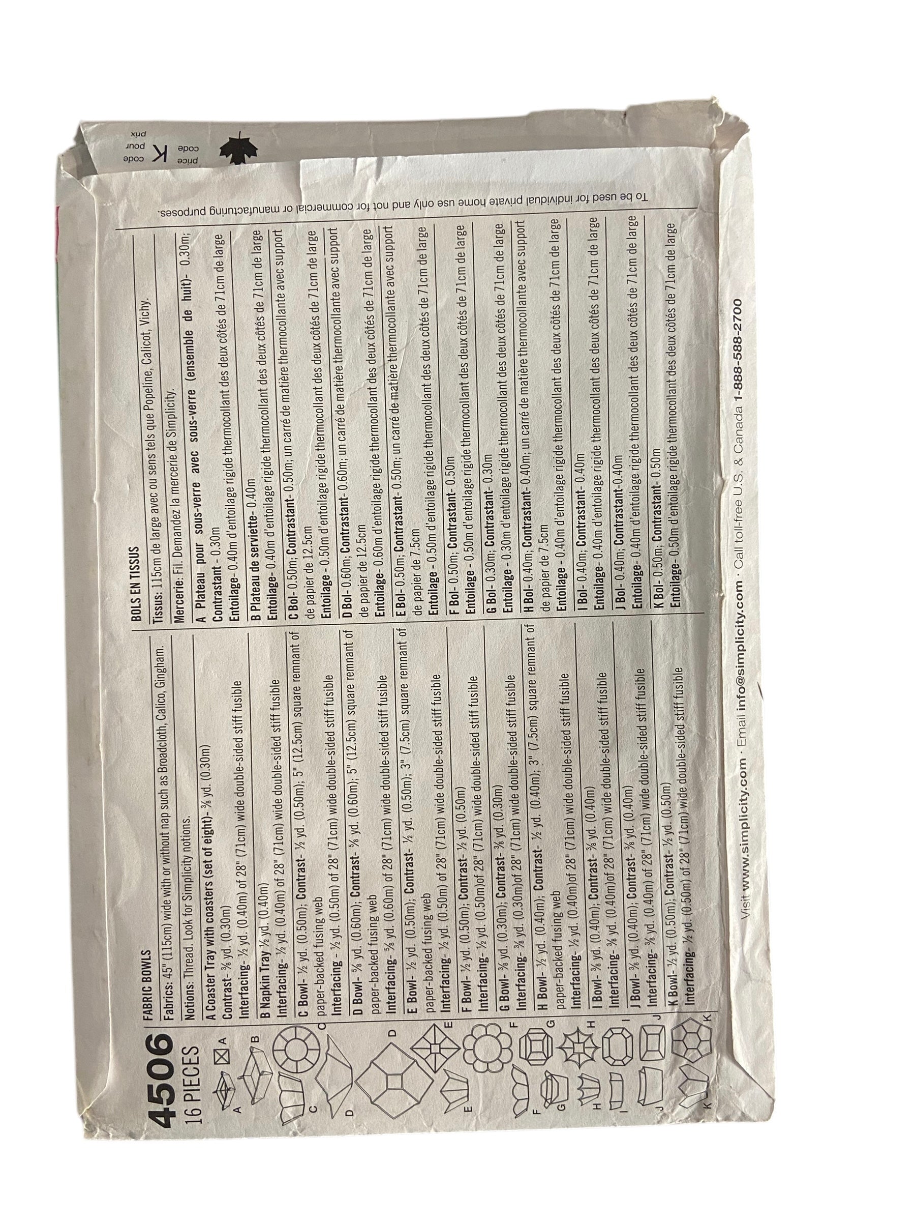 Simplicity 4506 fabric bowls craft sewing pattern