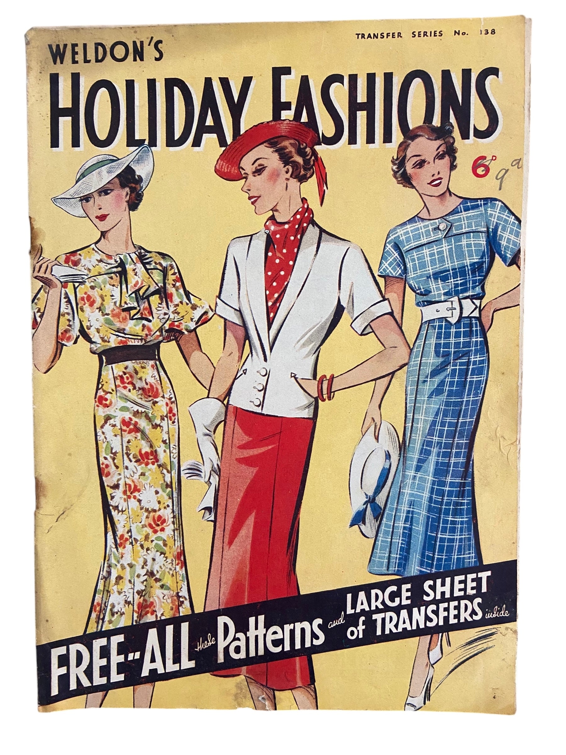 Weldon’s Holiday Fashions catalogue No. 138 circa 1930s with three sewing patterns, unused, factory folded dress with puff sleeves, dress with buttoned yoke, coat and skirt. Bust 36 inches. Transfers included.