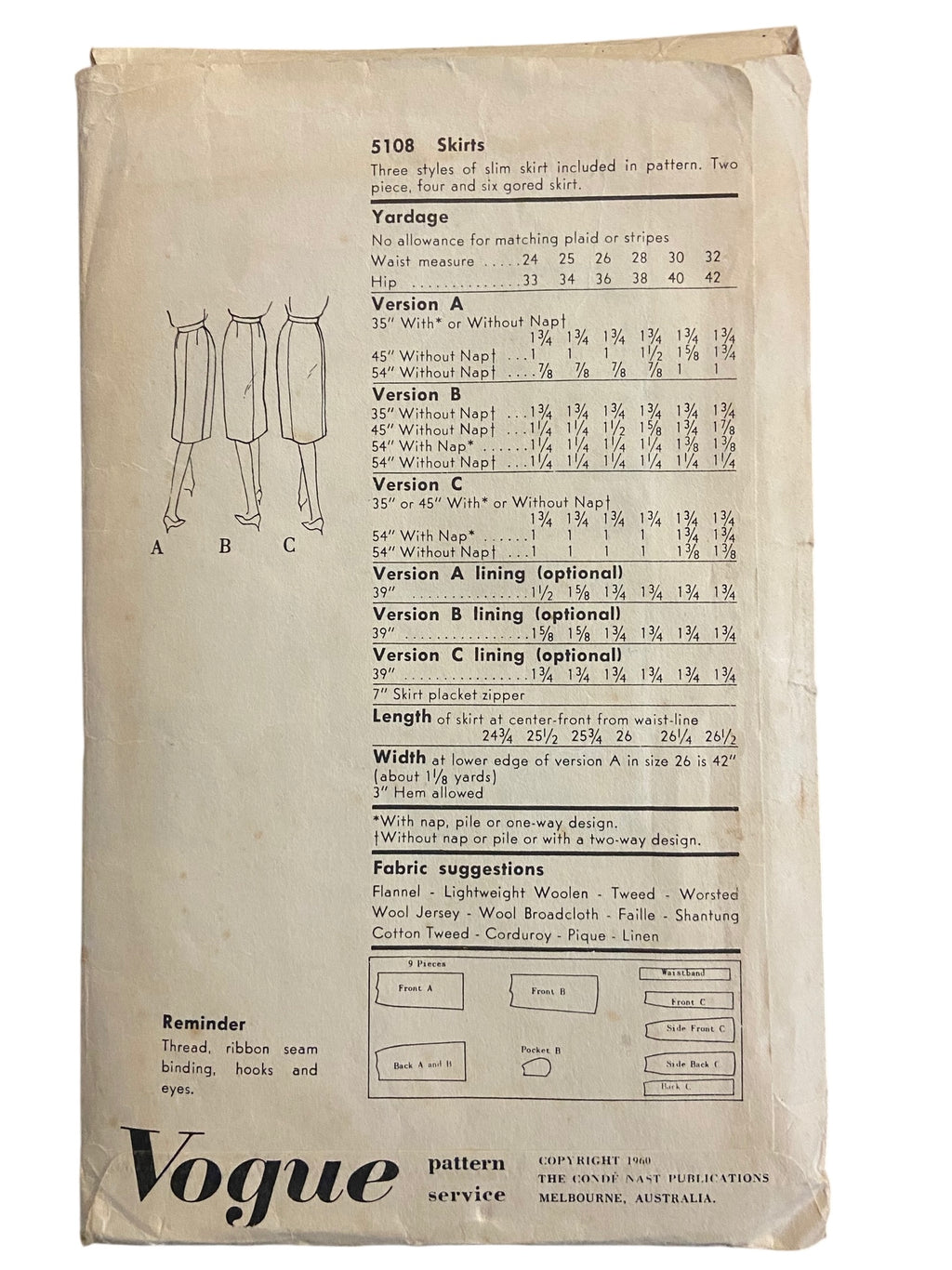 Vogue 5108 vintage 1960s skirt sewing pattern. Waist 25 inches, hip 34 inches.