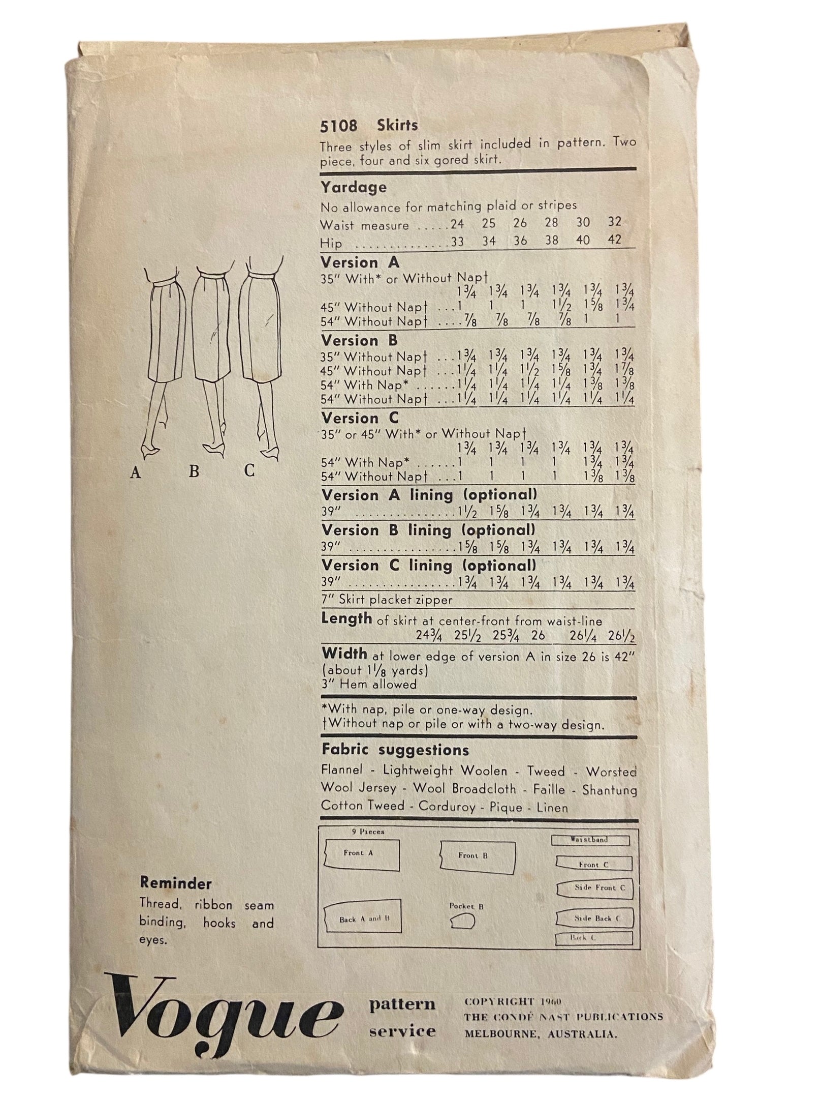 Vogue 5108 vintage 1960s skirt sewing pattern. Waist 25 inches, hip 34 inches.