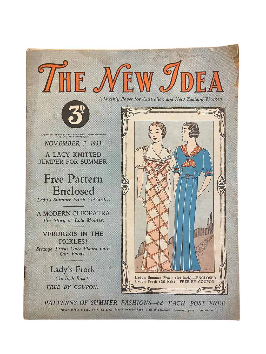 The New Idea Magazine . A weekly paper for Australian and New Zealand Women. November 3 1933 with sewing pattern unused, factory folded, lady’s summer frock. Bust 34 inches.