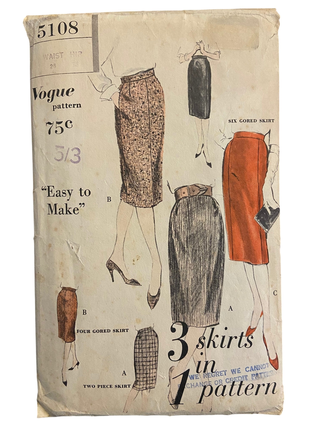 Vogue 5108 vintage 1960s skirt sewing pattern. Waist 25 inches, hip 34 inches.