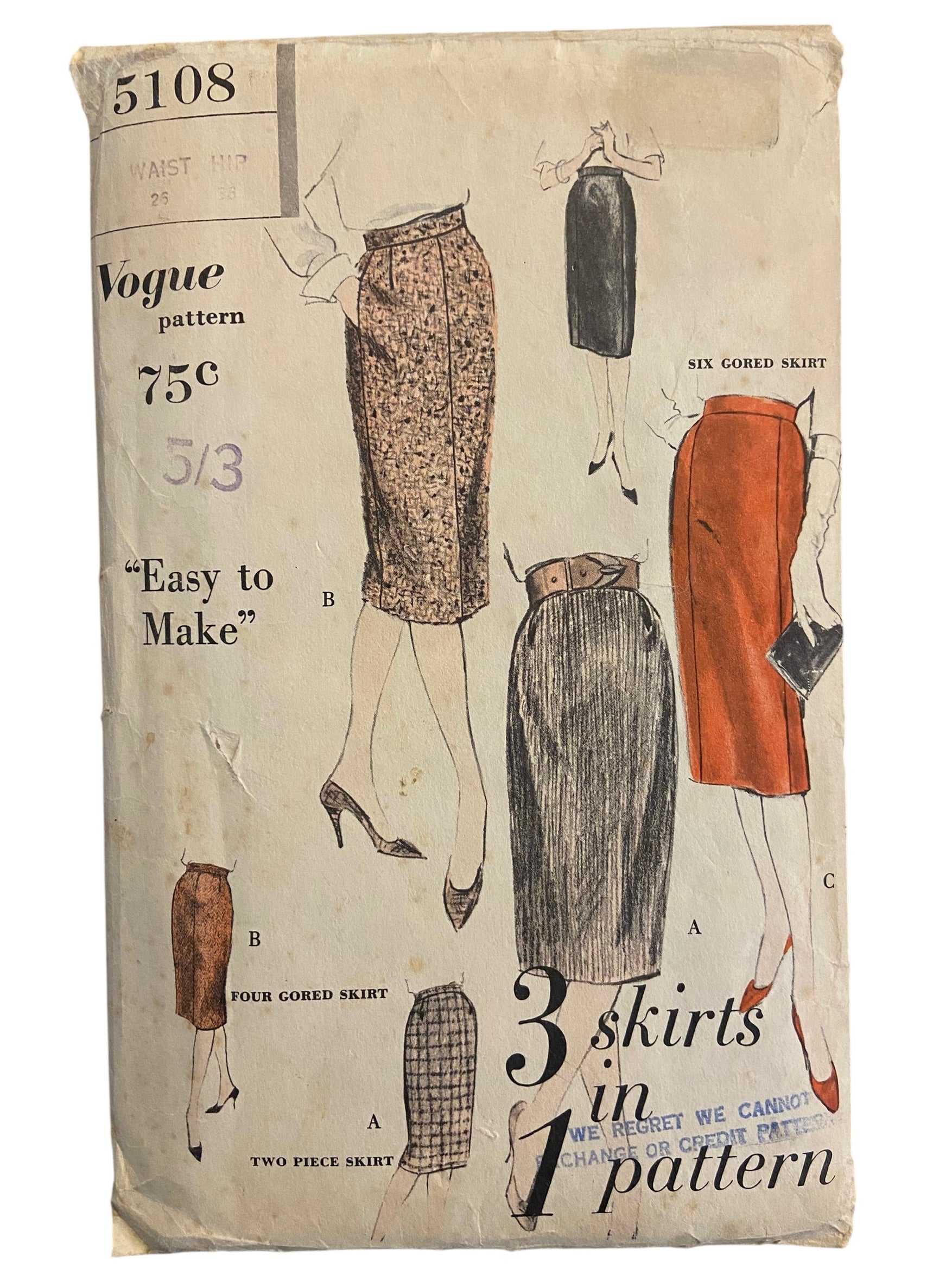 Vogue 5108 vintage 1960s skirt sewing pattern. Waist 25 inches, hip 34 inches.