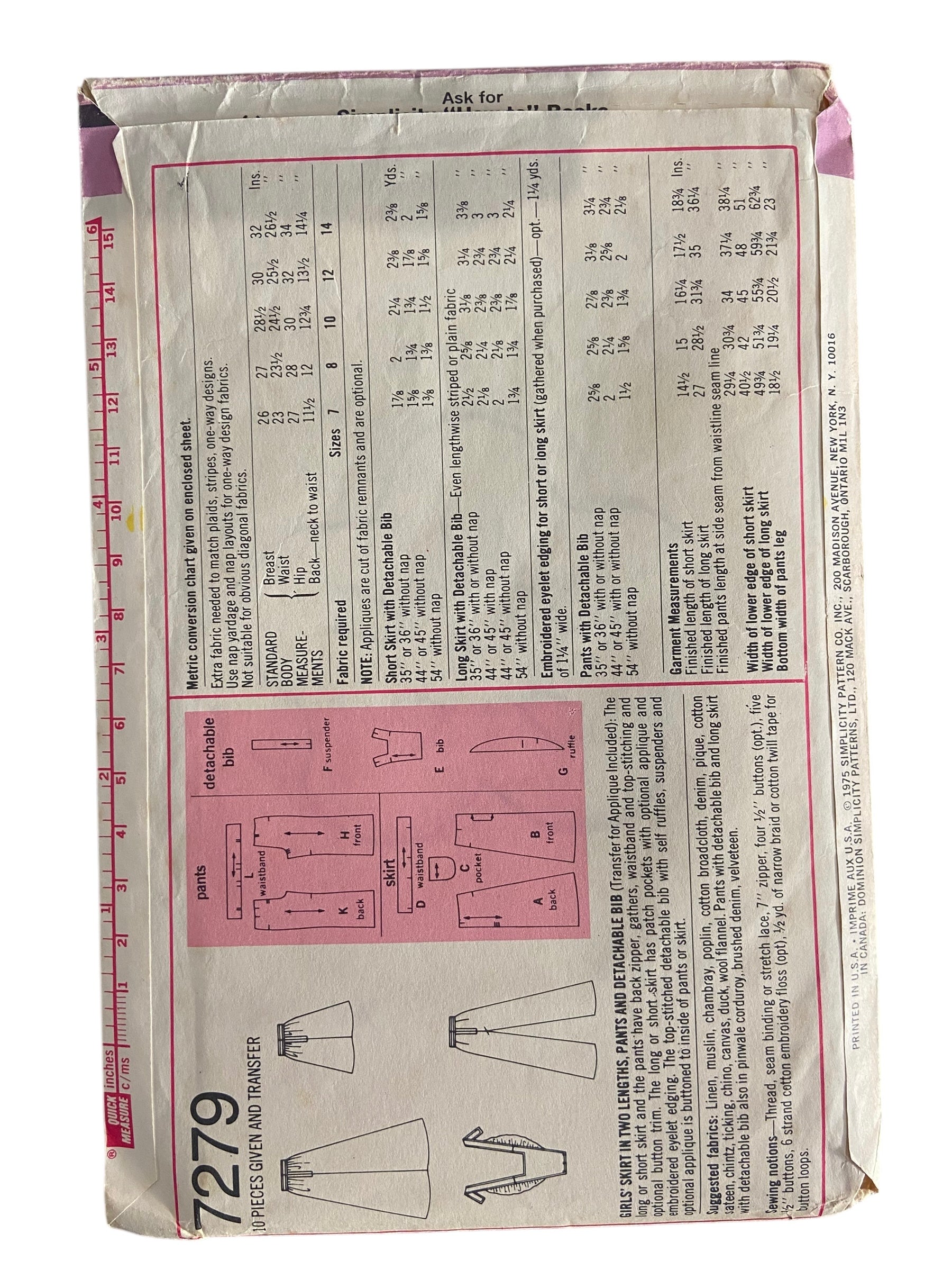 Simplicity 7279 vintage 1970s child’s skirt, pants and detachable bib sewing pattern size for 7, 26 inch chest