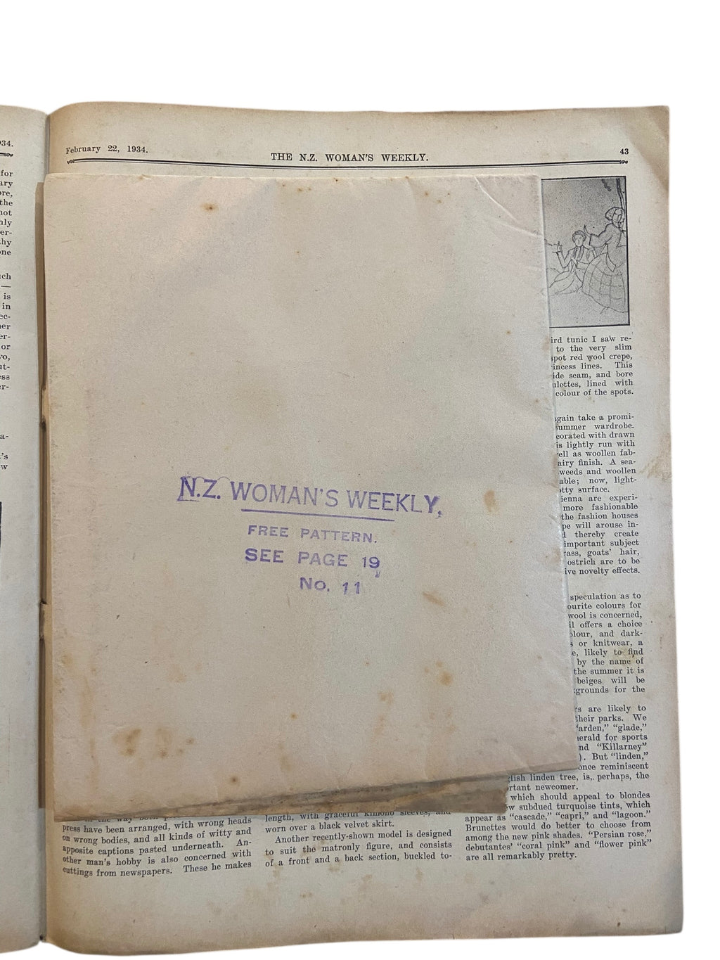 New Zealand Woman’s Weekly February 22 1934 with a sewing pattern, unused, factory folded, frock bust 35 inches