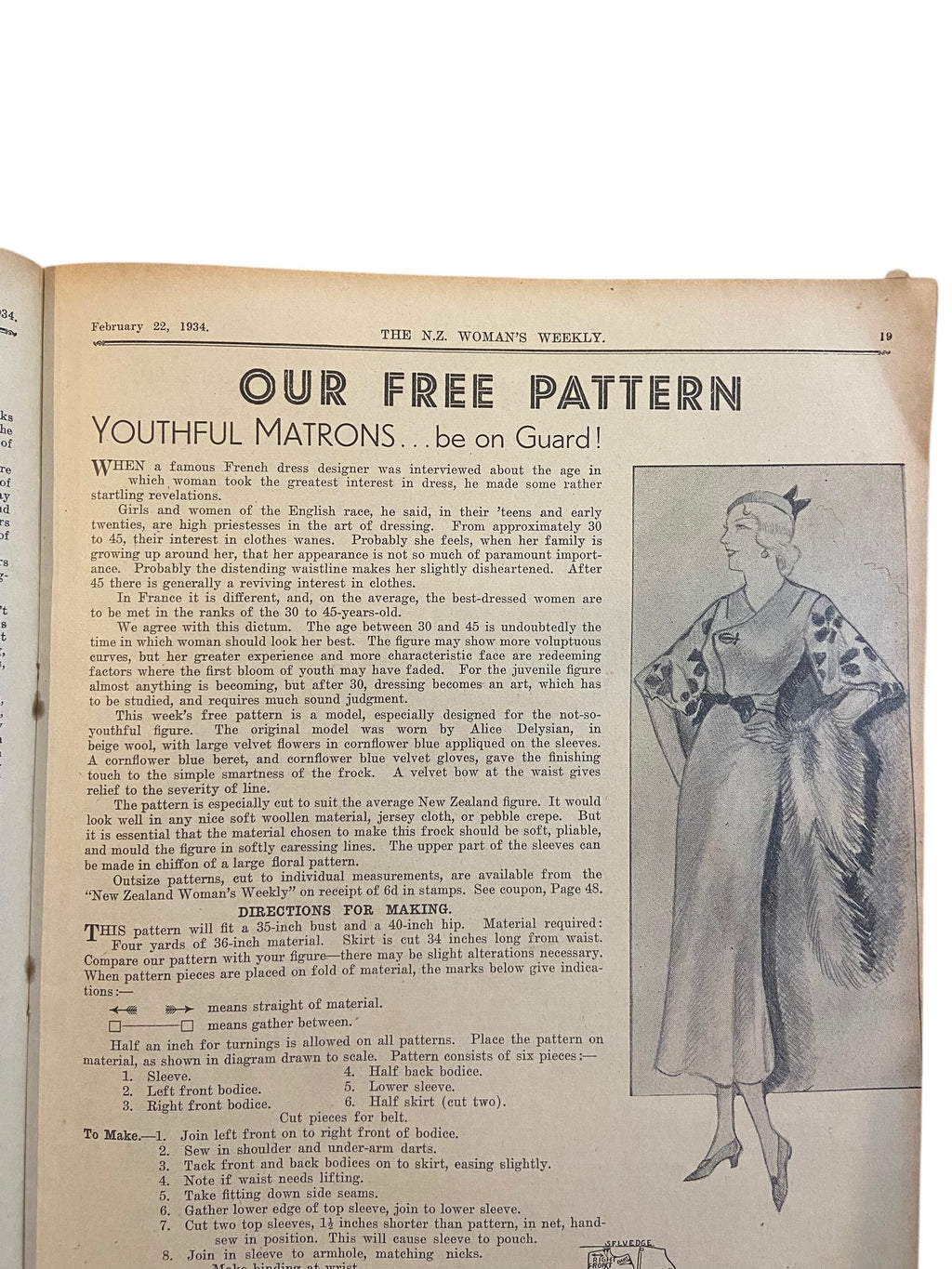 New Zealand Woman’s Weekly February 22 1934 with a sewing pattern, unused, factory folded, frock bust 35 inches