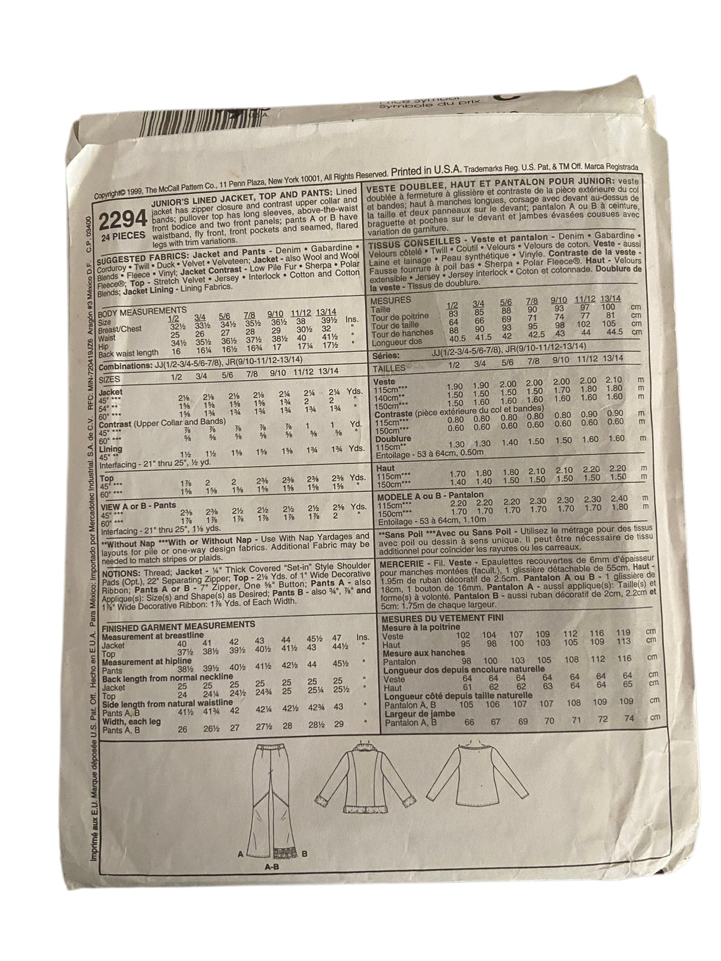 McCall’s 2294 vintage 1990s junior’s lined jacket, top and pants sewing pattern. Chest 36.5, 38 39.5 inches