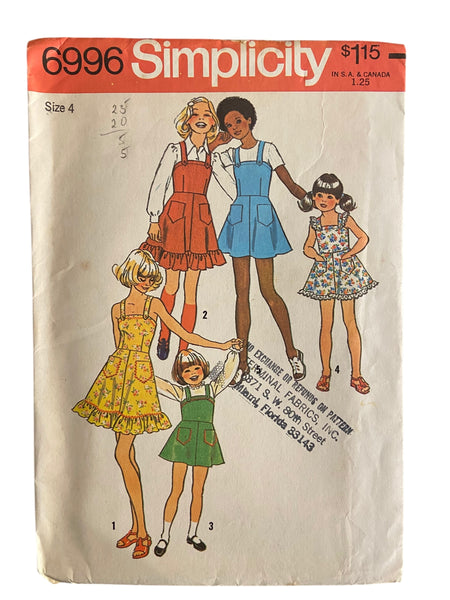 Simplicity 6996 vintage 1970s child’s dress sewing pattern size 4, 23 inch chest