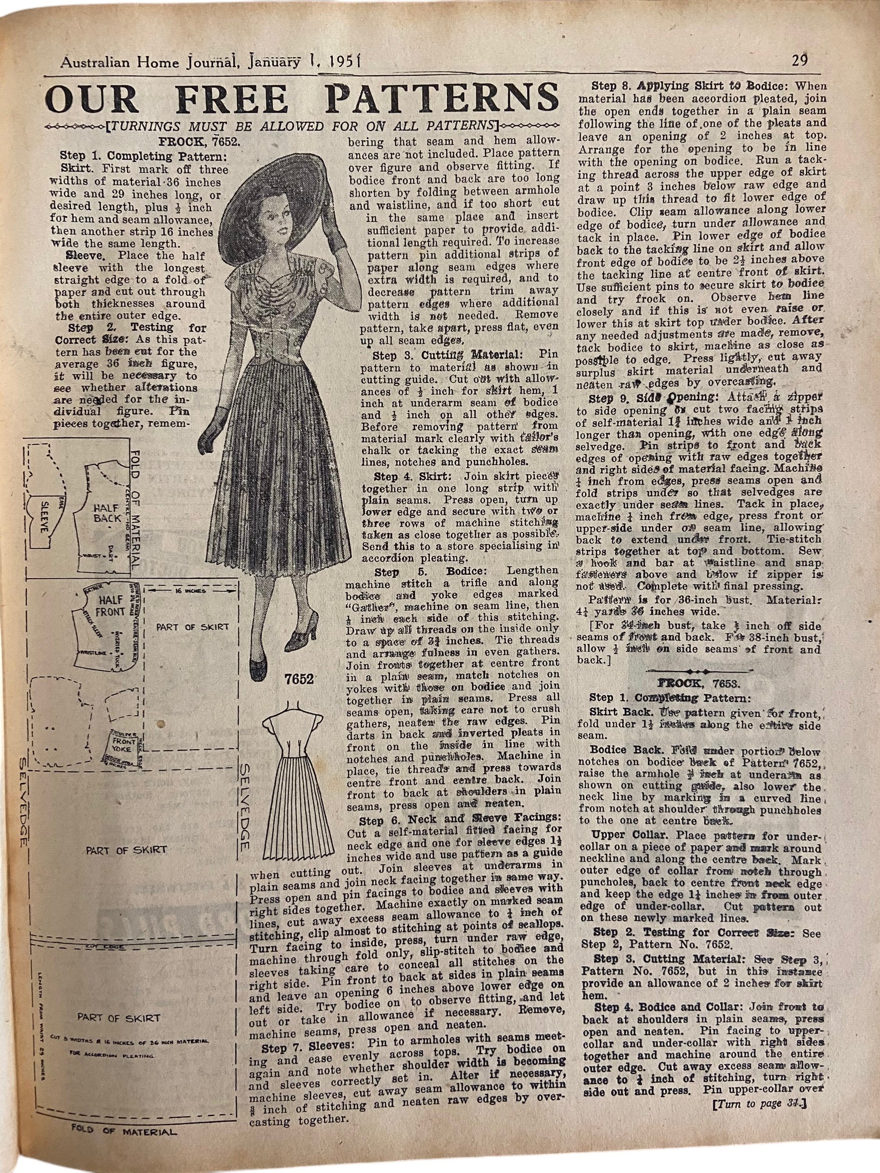 Australian home Journal January 1st 1951 with two dress sewing patterns, unused, factory folded, women’s dresses. Bust 36 inches. Child’s sun frock age 4 years.