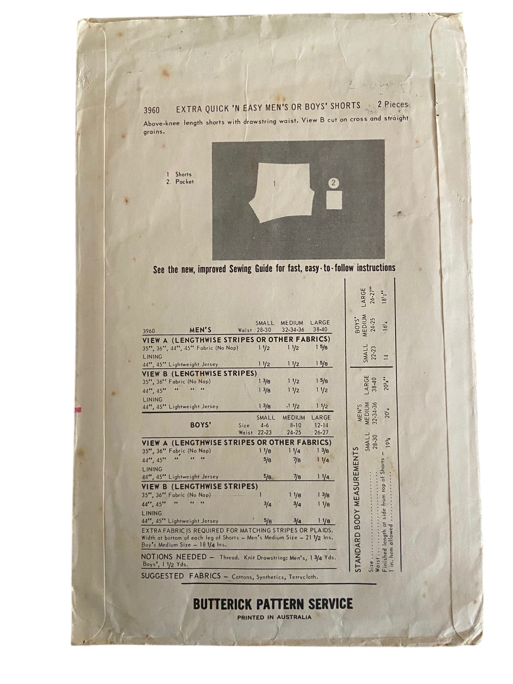 Butterick 3960 vintage 1960s men's easy shorts sewing pattern. Waist 32 inches