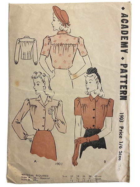 Academy 1903 vintage 1940s blouse sewing pattern. Bust 36 inches. WOUNDED BARGAIN