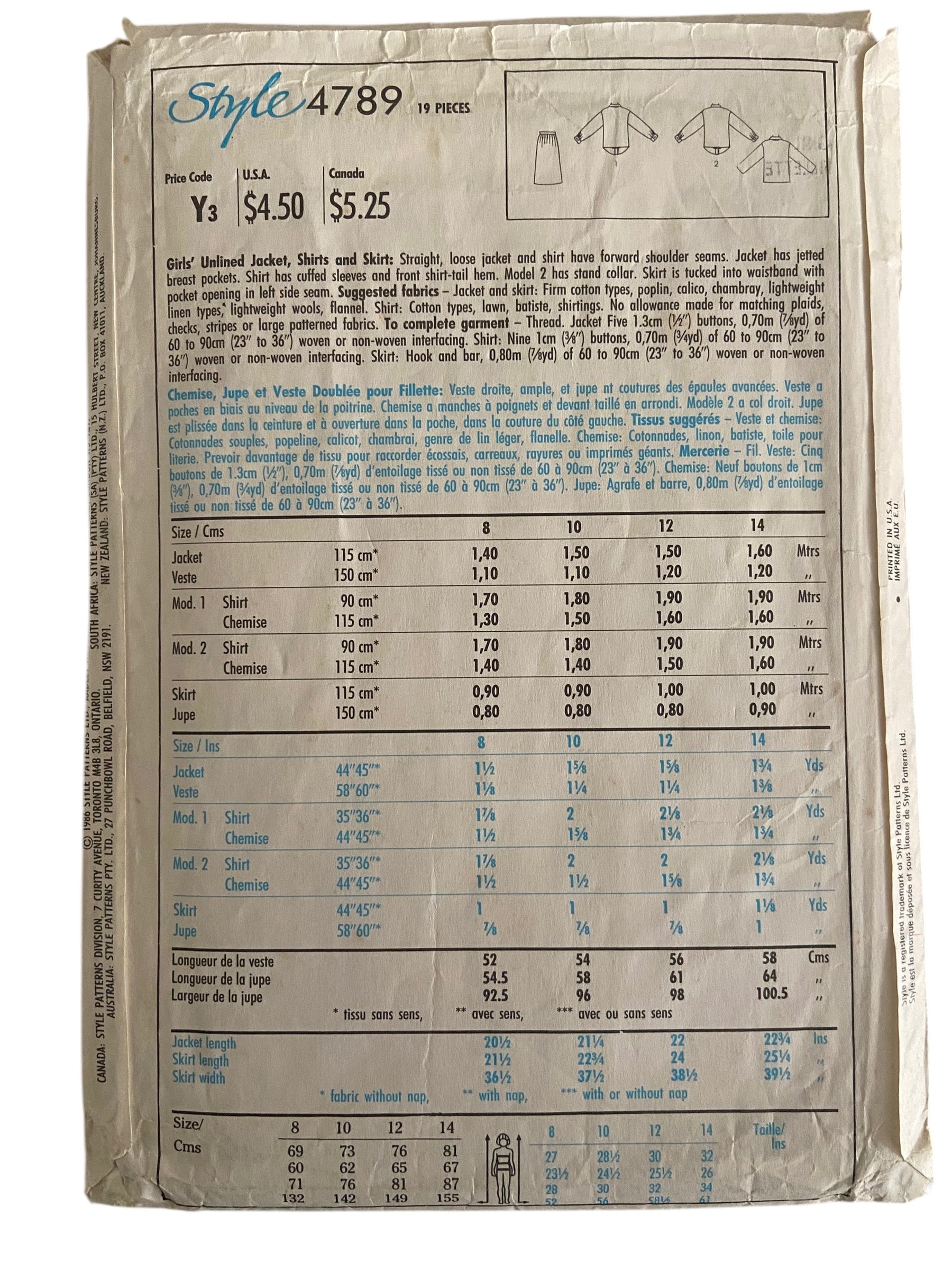 Style 4789 vintage 1980s girl’s jacket, shirt and skirt sewing pattern. Size 12 years chest 30 inches