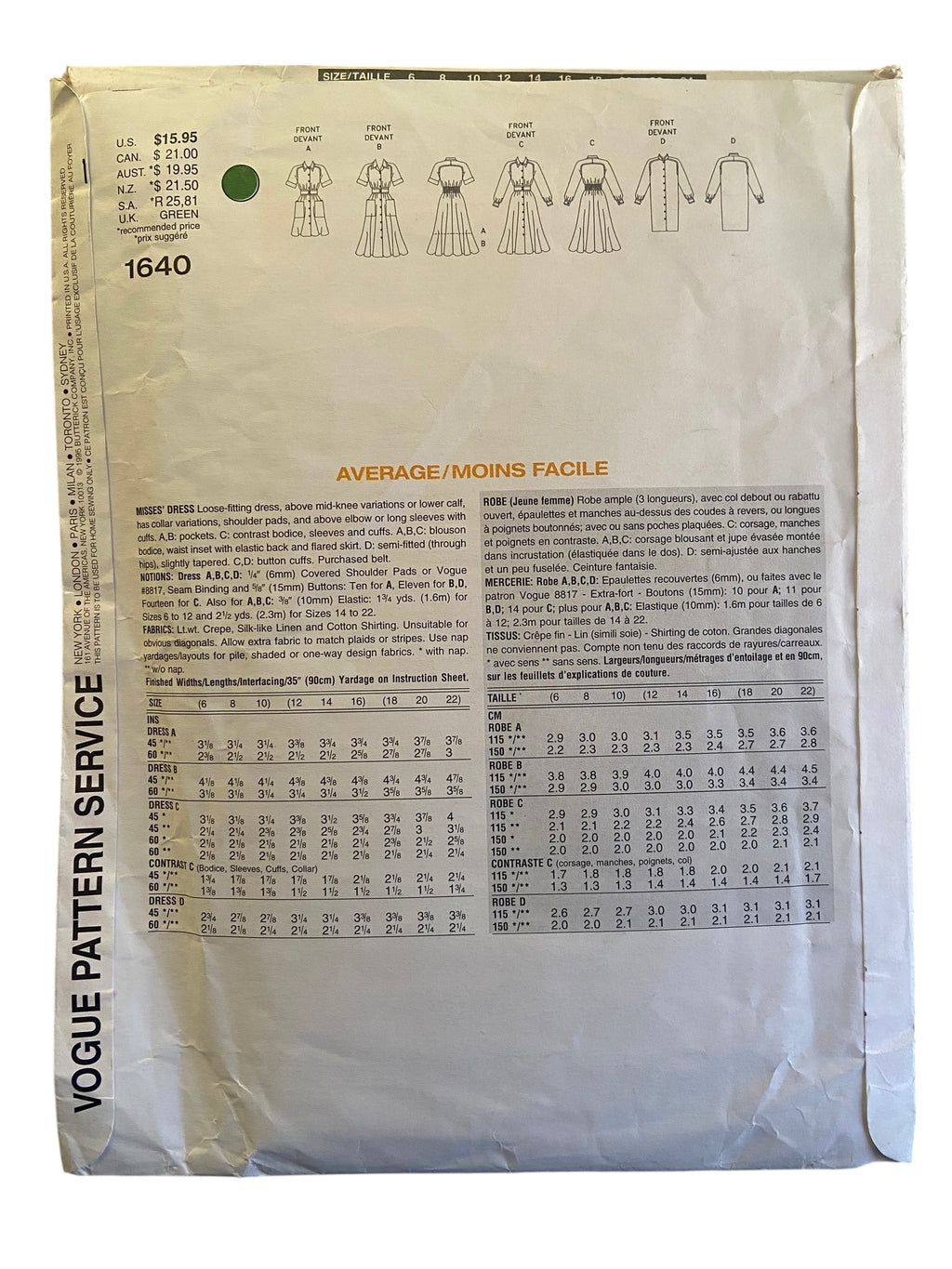 Vogue 1640 vintage 1990s Basic Design dress sewing pattern. Bust 34, 36, 38 inches