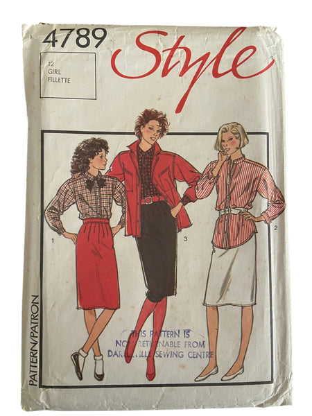 Style 4789 vintage 1980s girl’s jacket, shirt and skirt sewing pattern. Size 12 years chest 30 inches