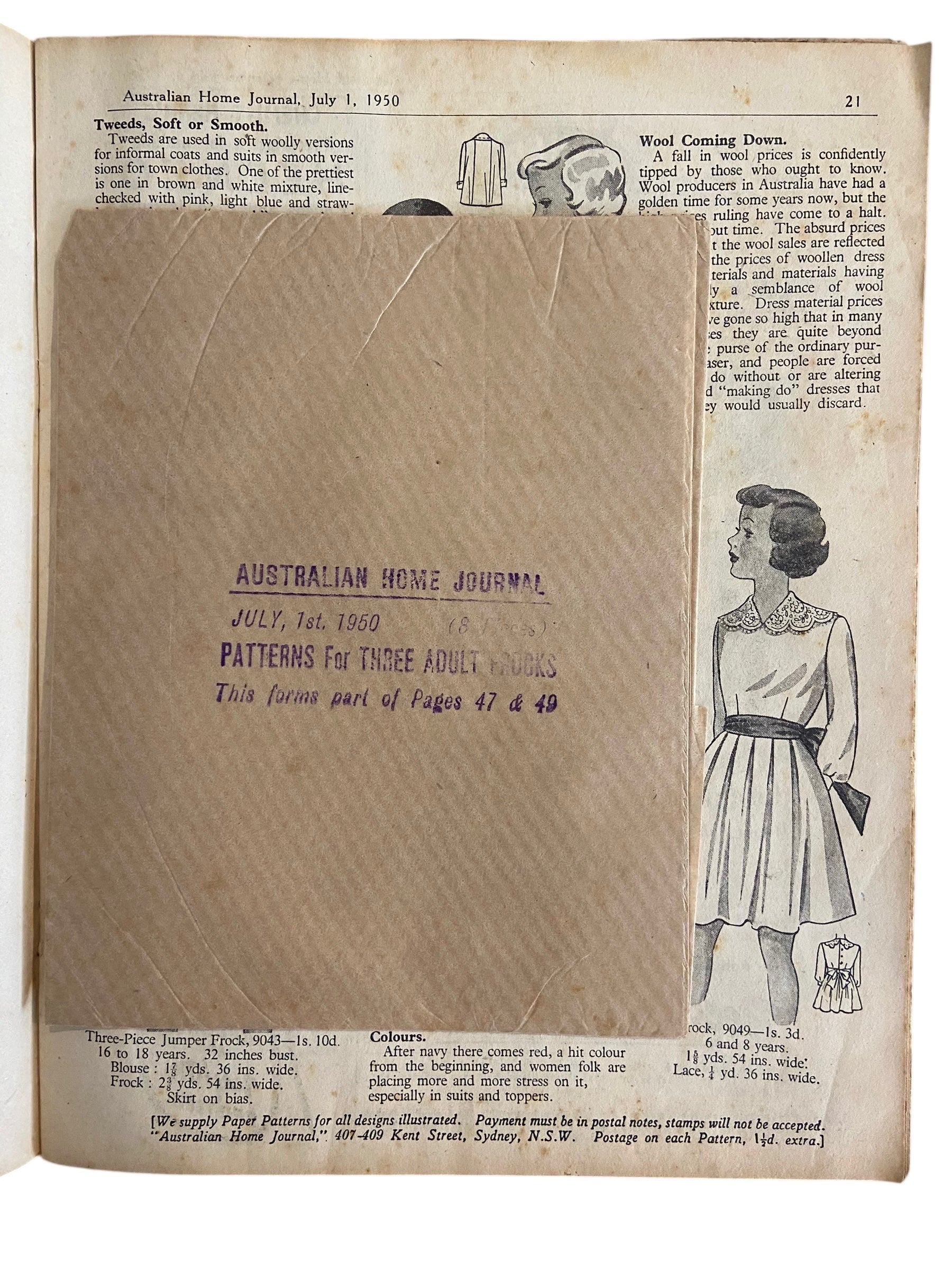 Australian home Journal July 1st 1950 with three dress sewing patterns, unused, factory folded, women’s dresses. Bust 36 inches.