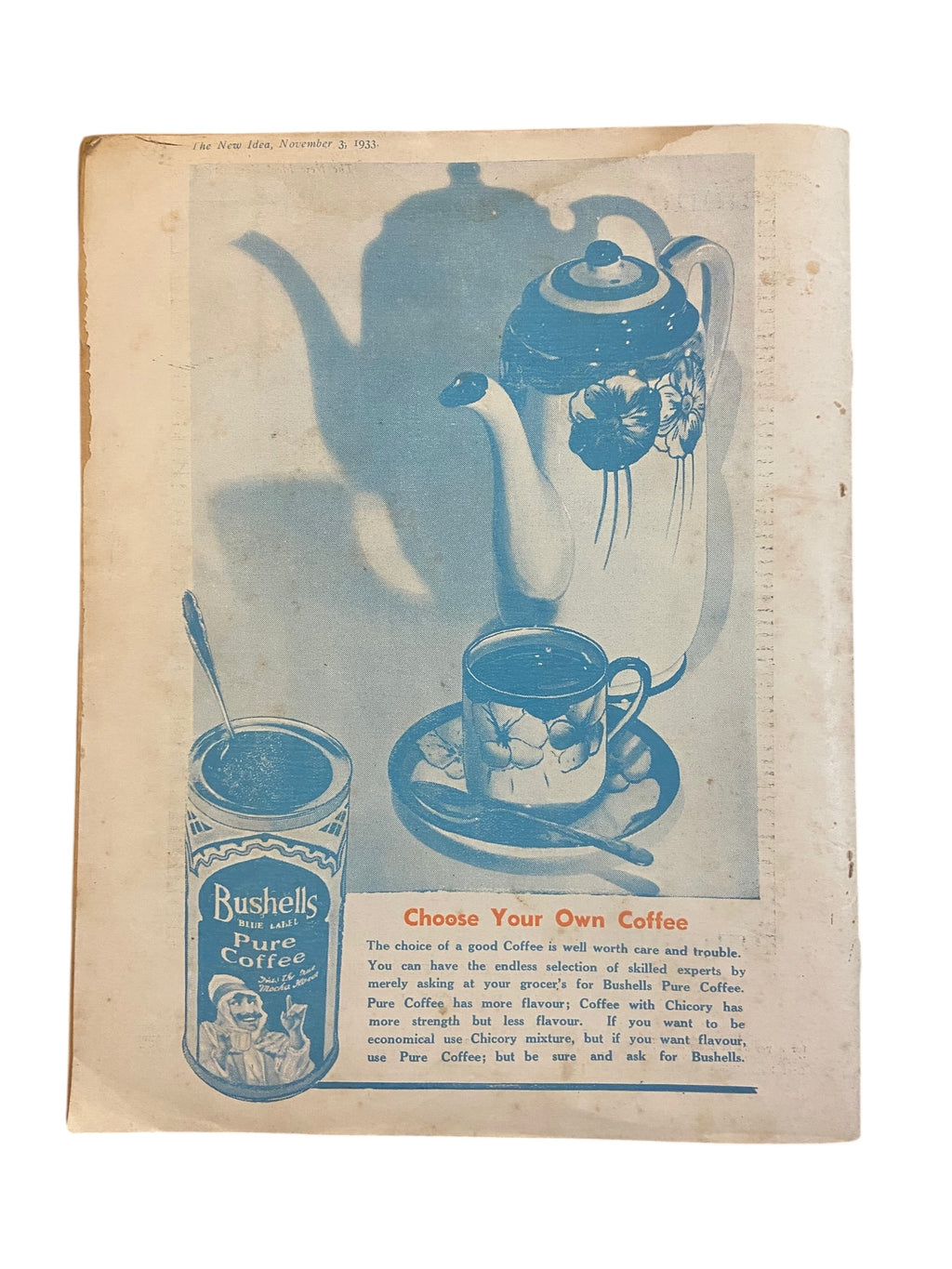 The New Idea Magazine . A weekly paper for Australian and New Zealand Women. November 3 1933 with sewing pattern unused, factory folded, lady’s summer frock. Bust 34 inches.