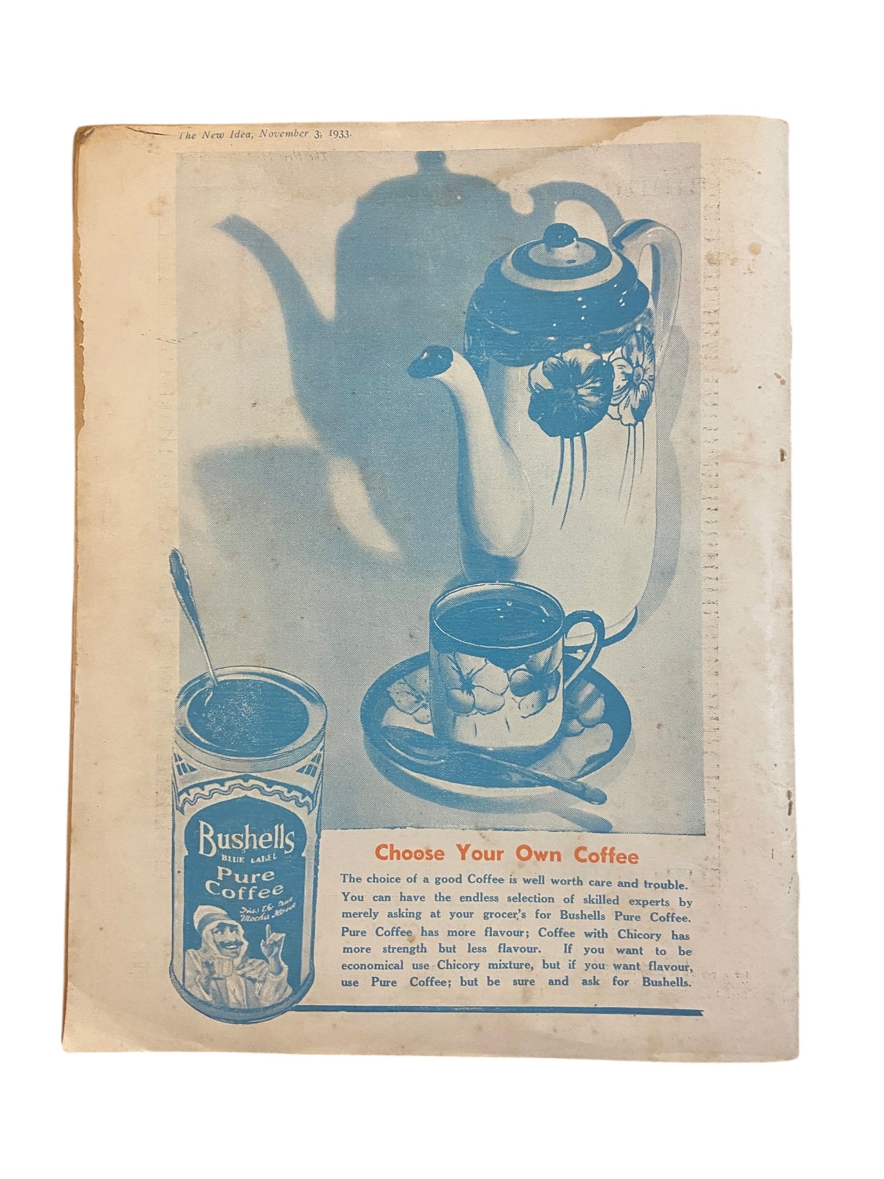 The New Idea Magazine . A weekly paper for Australian and New Zealand Women. November 3 1933 with sewing pattern unused, factory folded, lady’s summer frock. Bust 34 inches.