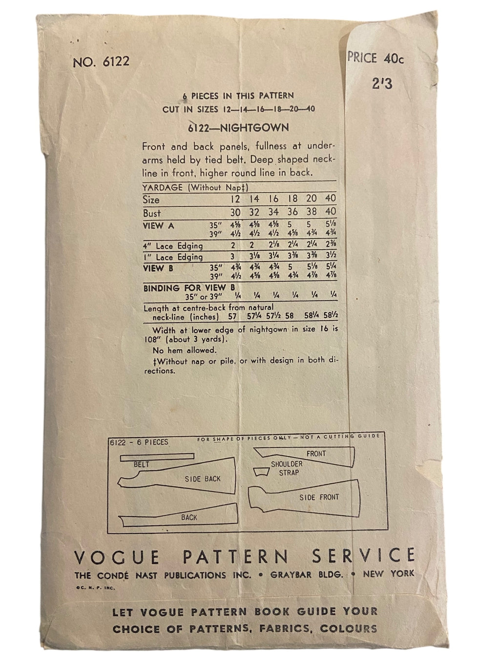 Vogue 6122 vintage 1950s nightgown sewing pattern. Bust 34 inches