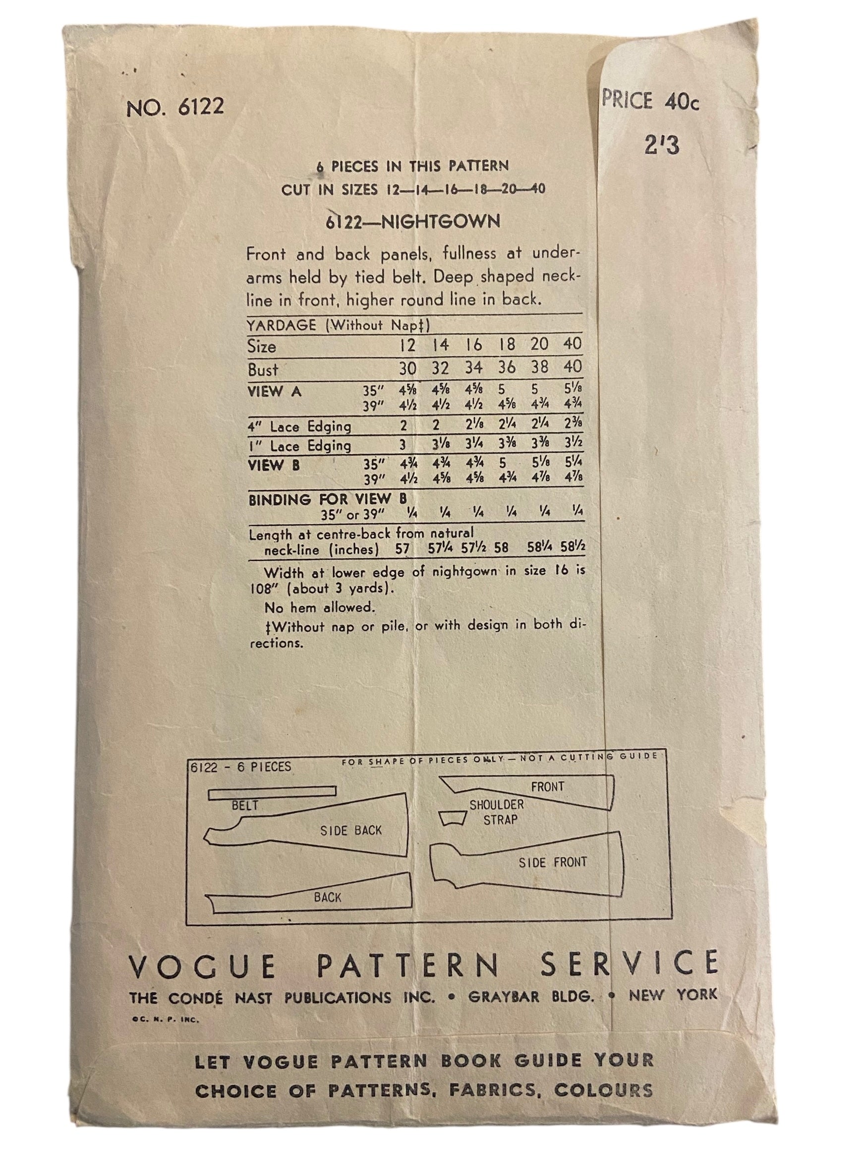 Vogue 6122 vintage 1950s nightgown sewing pattern. Bust 34 inches