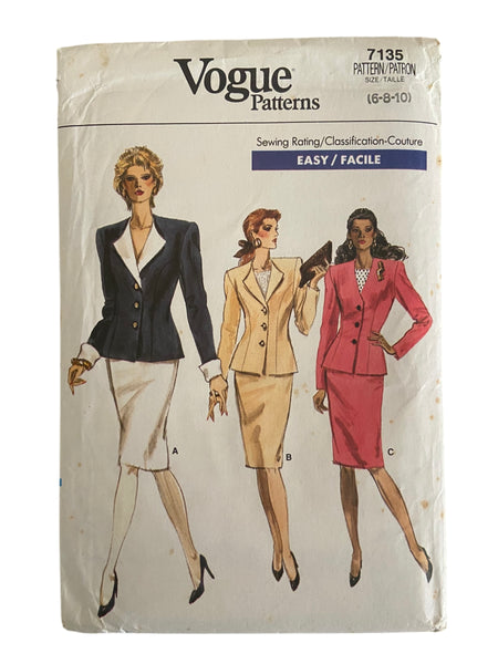 Vogue 7135 vintage 1980s jacket and skirt sewing pattern. Bust 30.5, 31.5, 32.5 inches