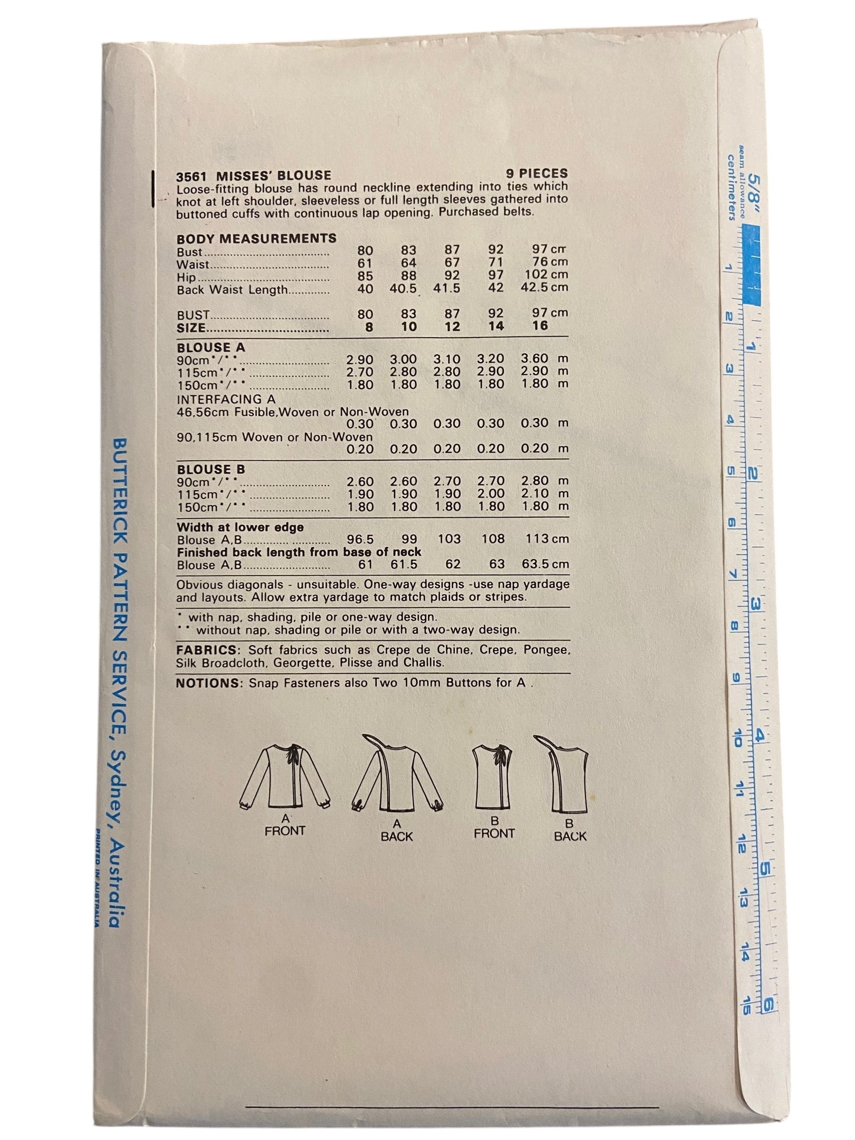 Butterick 3561 vintage 1980s blouse sewing pattern. Bust 32.5 inches