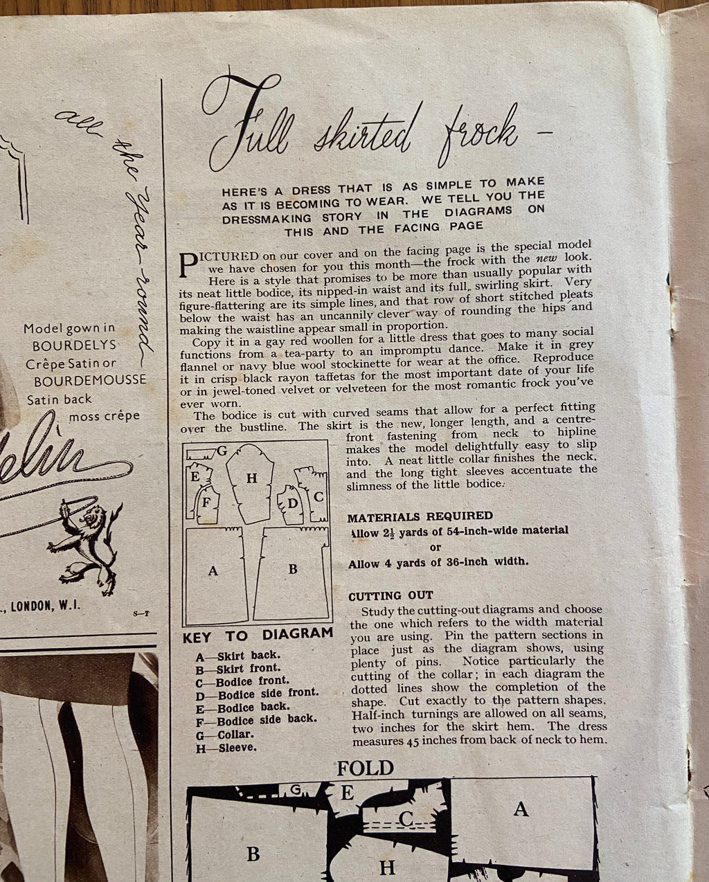 Home Fashions and Children’s Dress No. 101 vintage 1948 magazine dress sewing pattern, unused, factory folded. Bust 36 inches .