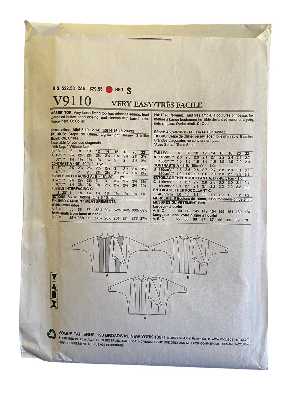 Vogue v9110 vintage 2000s top sewing pattern. Bust 30.5, 31.5, 32.5, 34, 36 inches