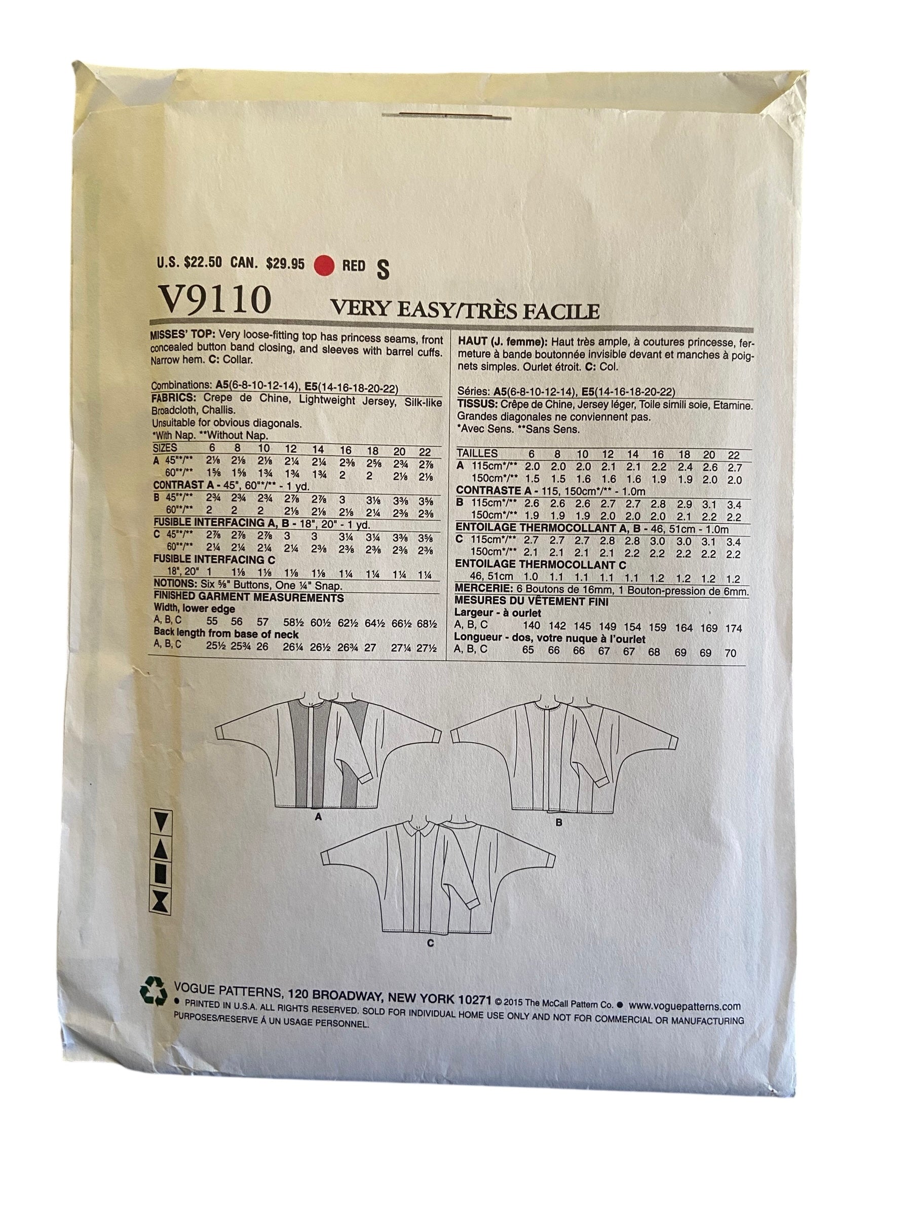 Vogue v9110 vintage 2000s top sewing pattern. Bust 30.5, 31.5, 32.5, 34, 36 inches
