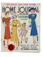 Australian home journal January 1st 1938 with four sewing patterns, unused, factory folded, three frocks bust 36 inches, child’s beach suit age 4 years