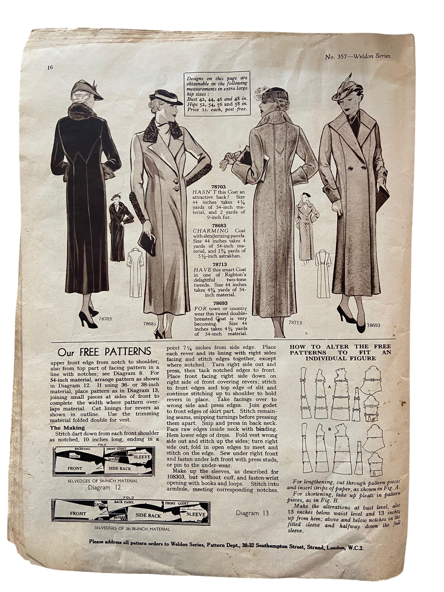 Weldon’s Smart Fashions for Wider Hips catalogue Series No. 357 circa 1930s with three sewing patterns, unused, factory folded dress with contrasting panel, satin and lace frock, day dress with revers. Bust 38 inches.