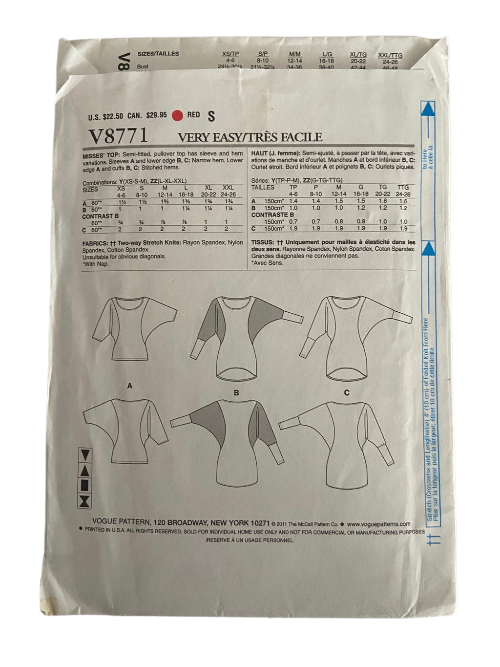 Very easy Vogue v8771 tops sewing pattern from 2011. Bust 38, 40, 42, 44, 46, 48 inches
