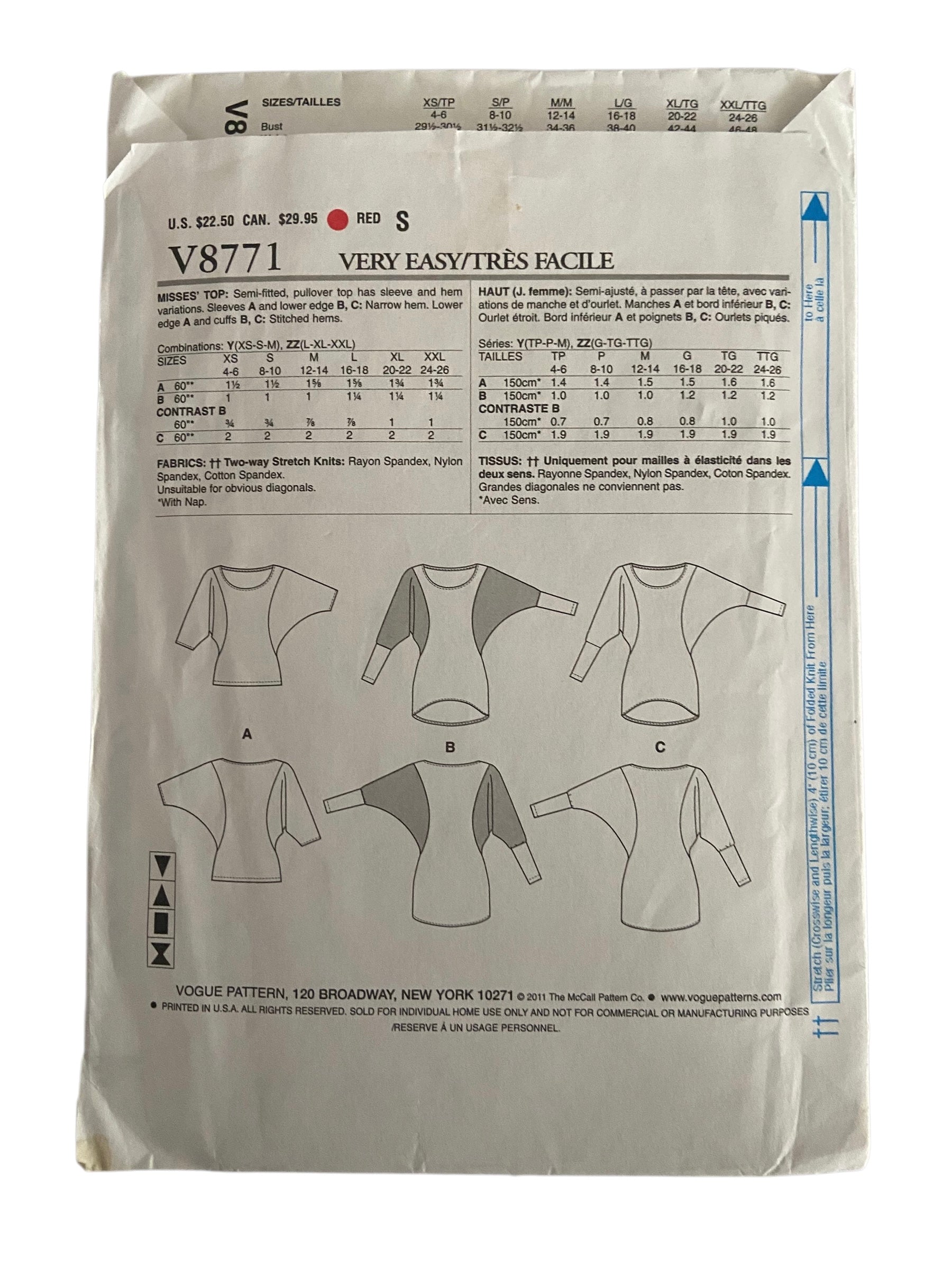 Very easy Vogue v8771 tops sewing pattern from 2011. Bust 38, 40, 42, 44, 46, 48 inches