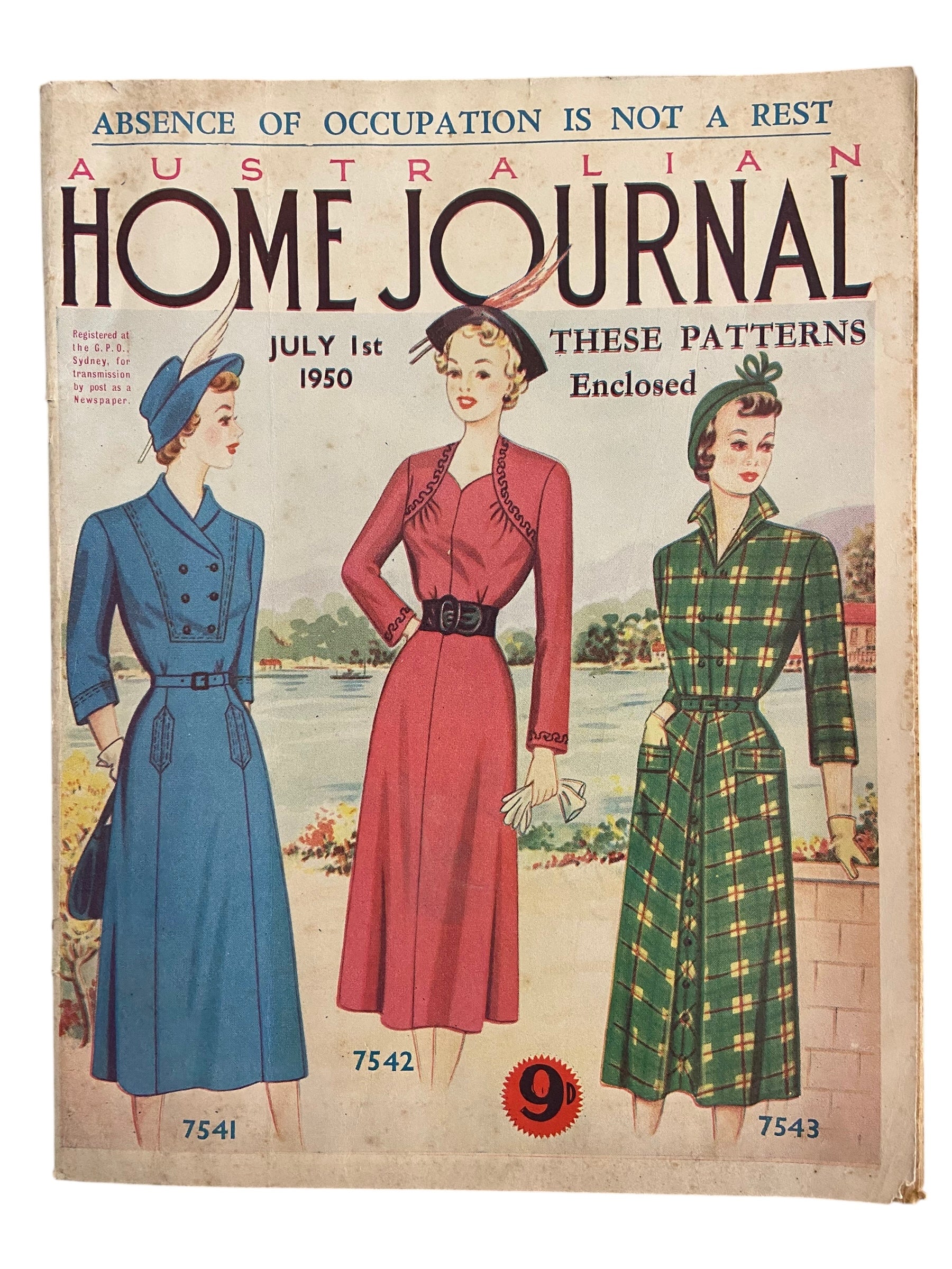 Australian home Journal July 1st 1950 with three dress sewing patterns, unused, factory folded, women’s dresses. Bust 36 inches.