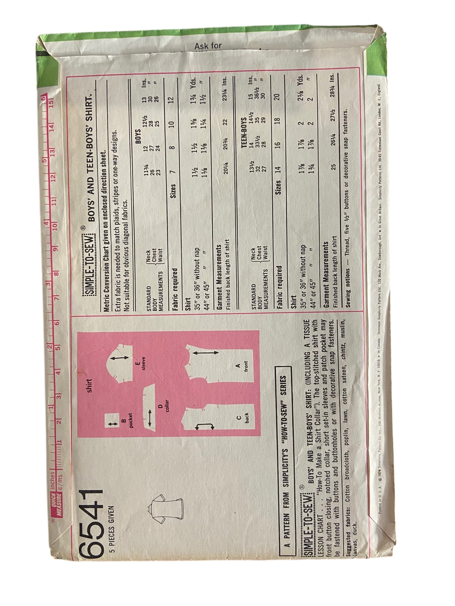 Simplicity 6541 how to sew vintage 1970s boy's shirt sewing pattern size 7, 26 inch chest