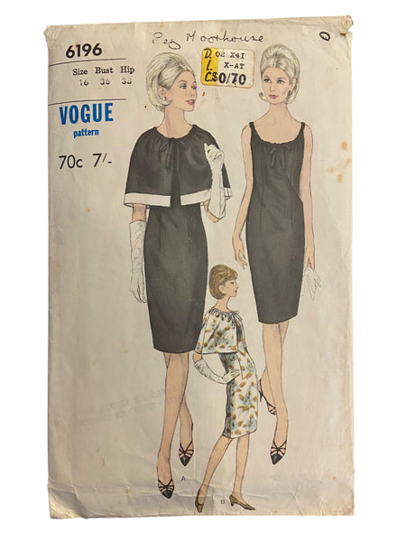 Vogue 6196 Vintage 1960s dress pattern Bust 36 inches