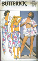 Butterick 3306 vintage 1980s shirt, skirt, pants, shorts and bra sewing pattern. Bust 34, 36, 38 inches