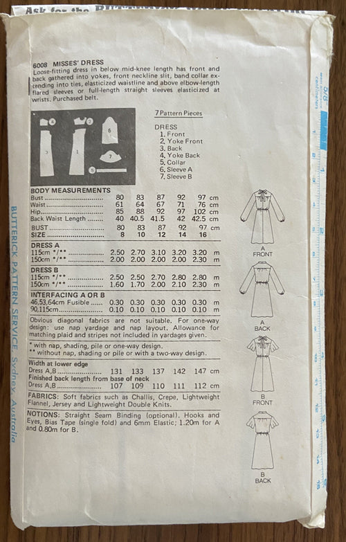 Butterick 6008 vintage 1980s dress pattern. Bust 36, complete and used