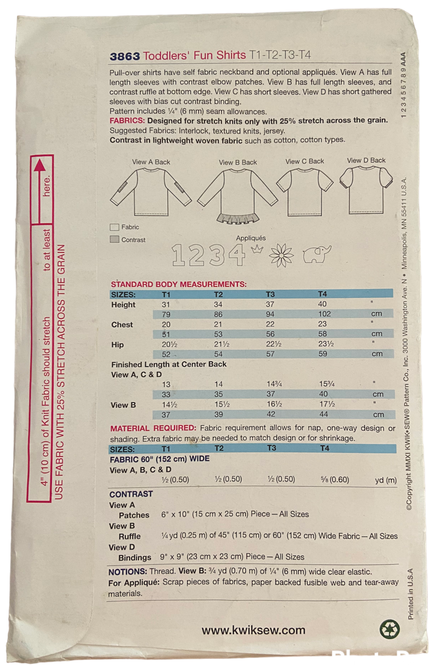 Kwik Sew toddlers tops sewing pattern. Chest 20, 21, 22, 23 inches