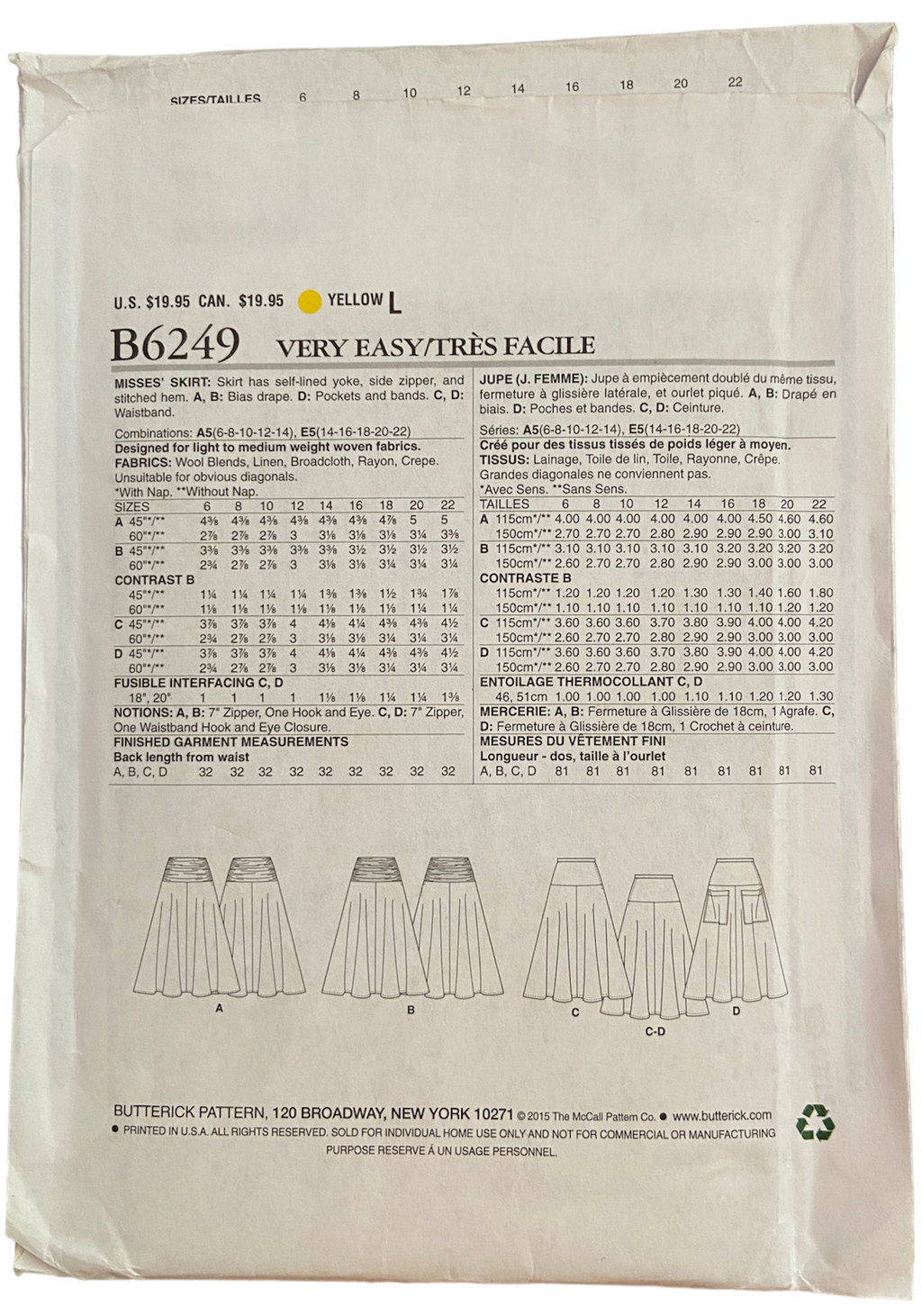 Butterick B6249 fast and easy skirt sewing pattern. Waist 28, 30, 32, 34, 37 inches