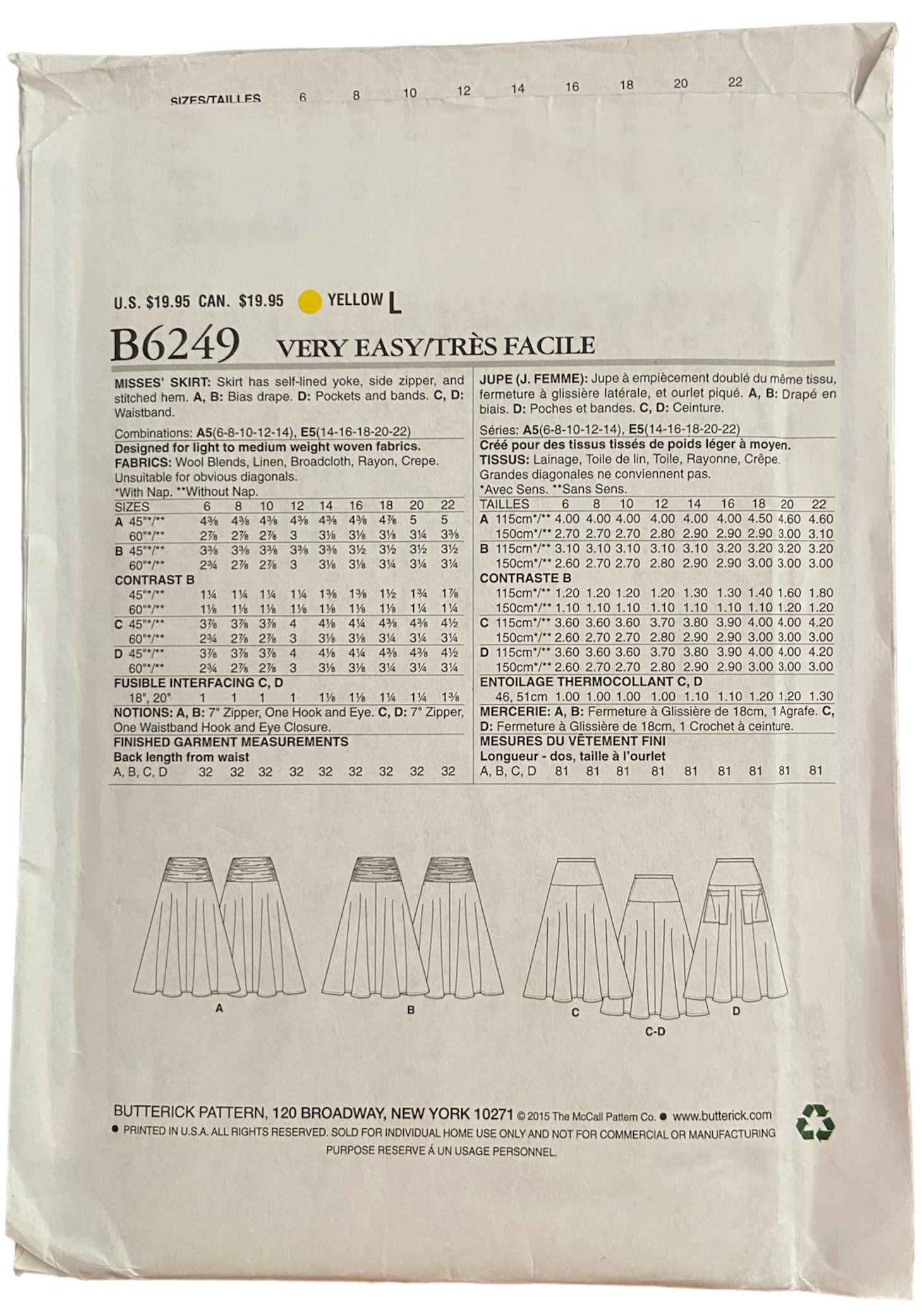 Butterick B6249 fast and easy skirt sewing pattern. Waist 28, 30, 32, 34, 37 inches