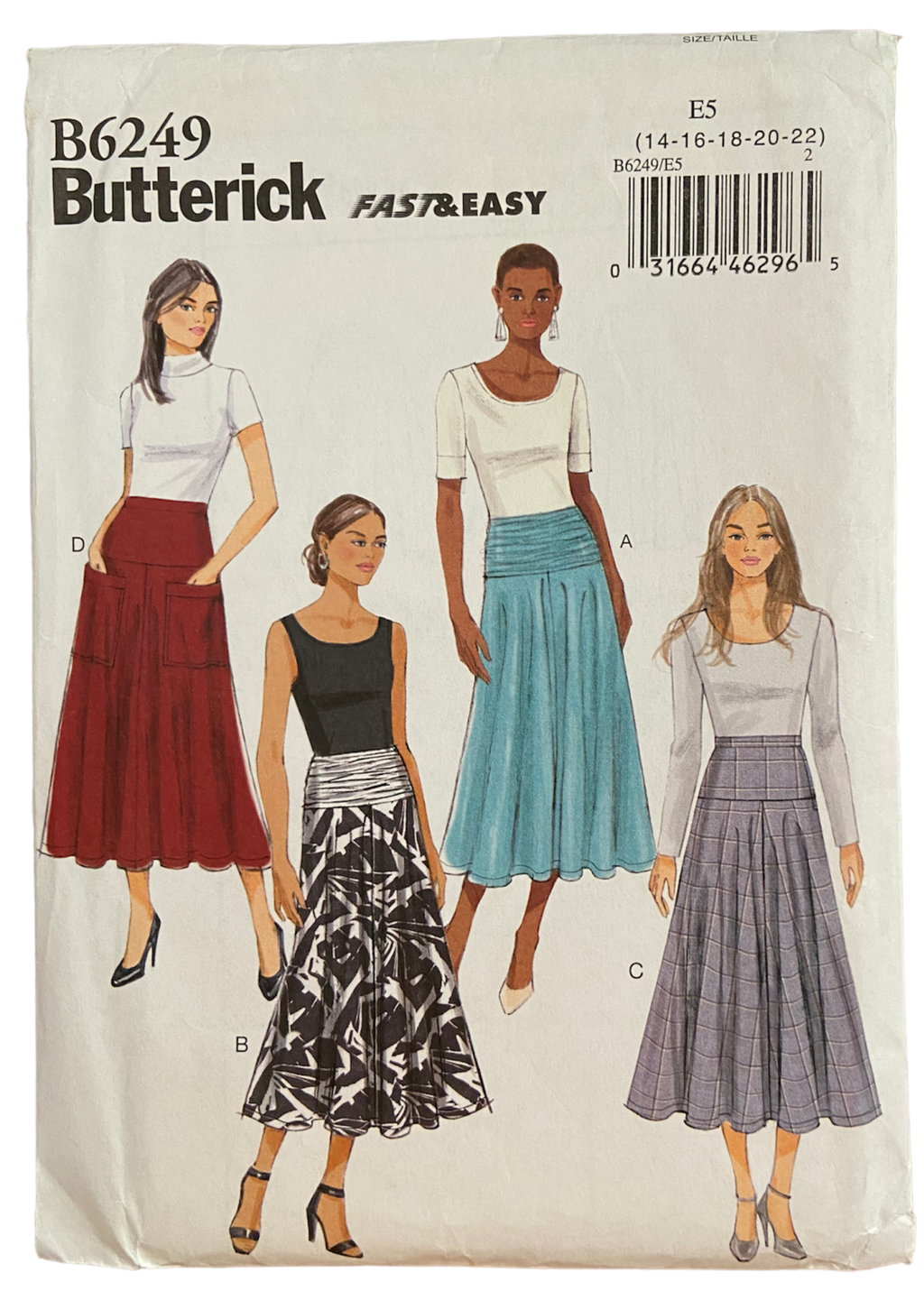 Butterick B6249 fast and easy skirt sewing pattern. Waist 28, 30, 32, 34, 37 inches